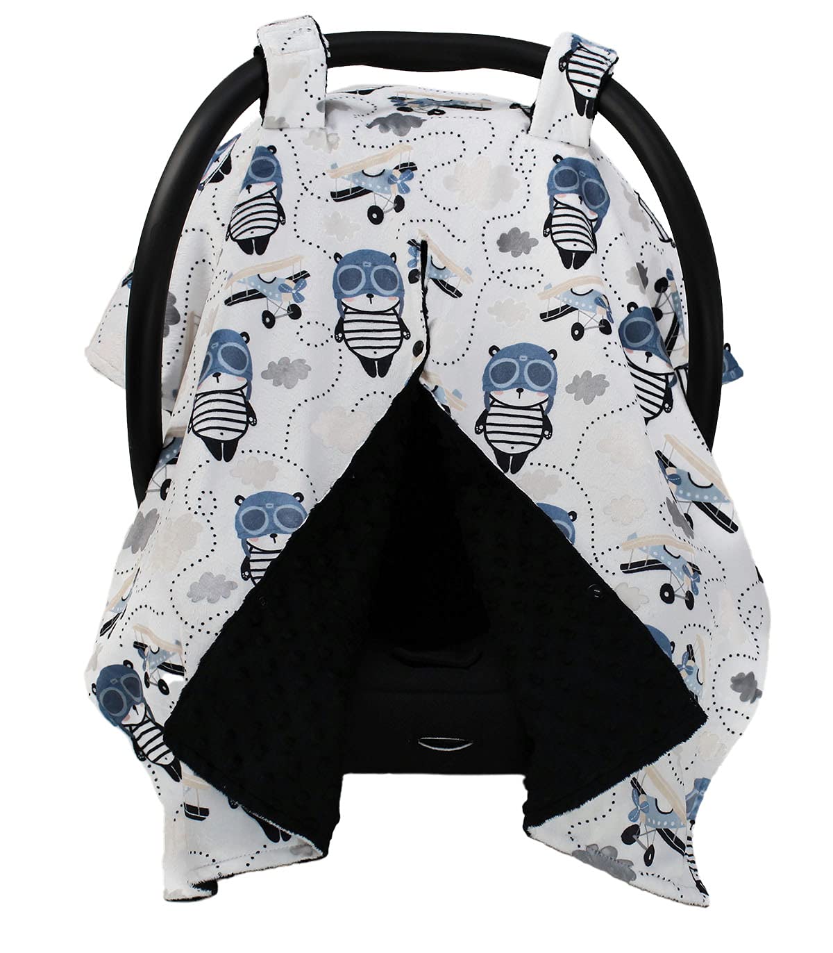 Dear Baby Gear Car Seat Canopy - Infant Car Seat Cover for Protection and Style - Soft and Breathable - Carseat Canopies for Boys and Girls - Aviator Pandas w/Plane and Clouds on Black Soft 40" x 30"