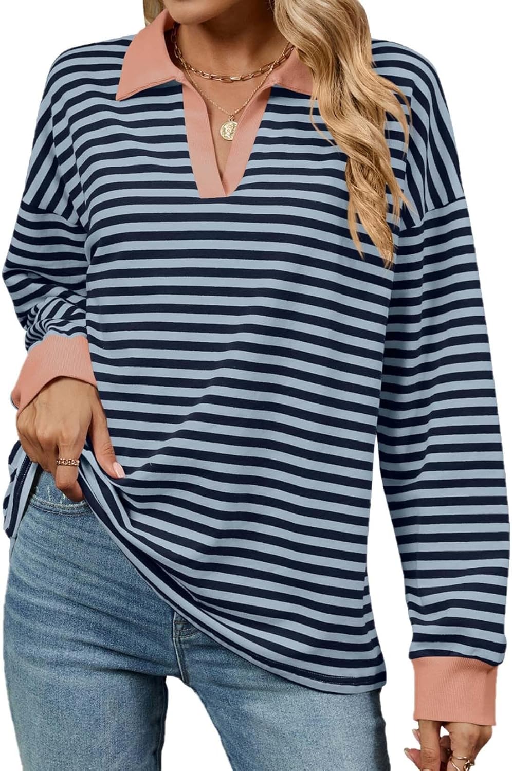 Womens Colorblocking Stripe Long Sleeve Lightweight Casual Sweatshirt Fall Winter Comfortable Casual