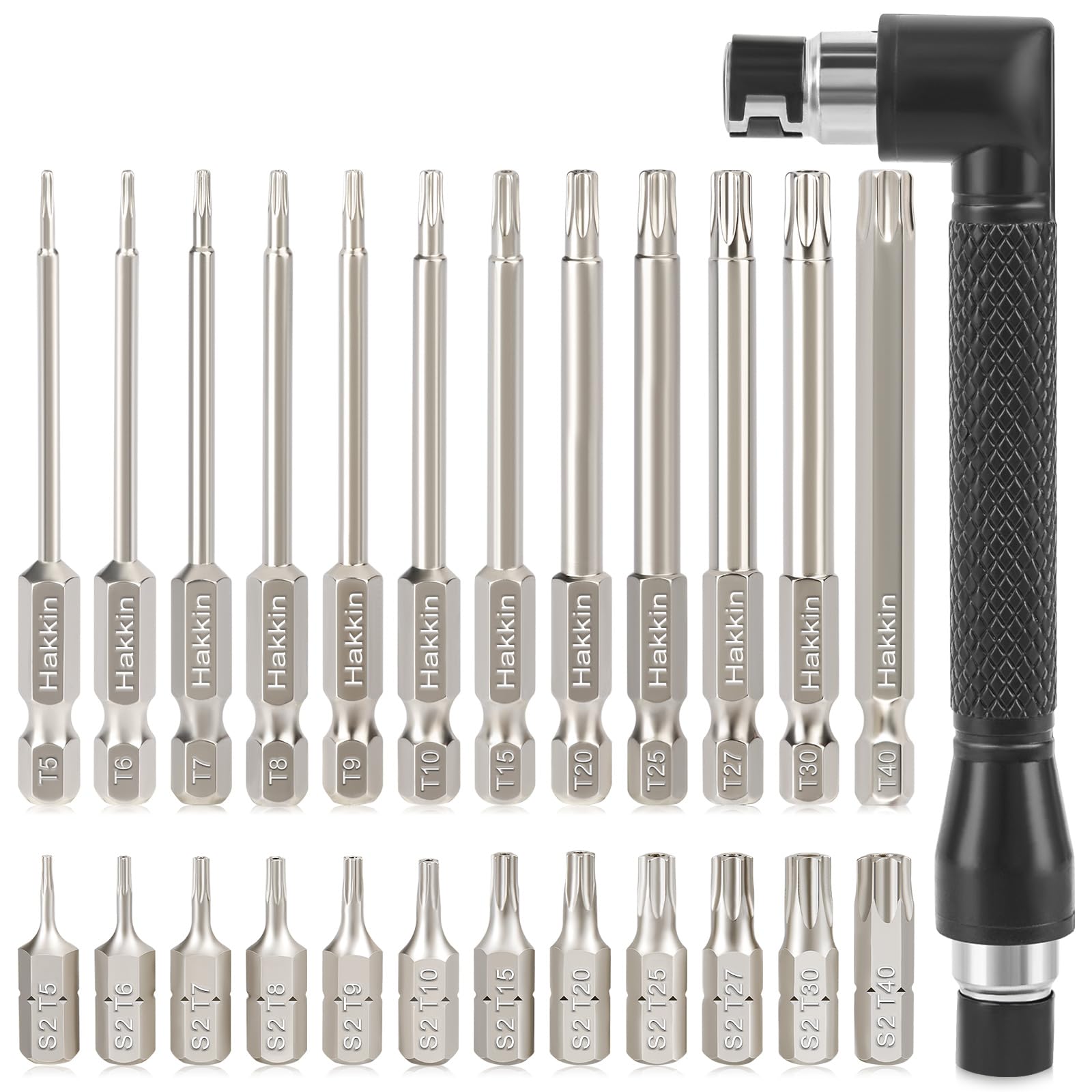 Torx Bit Set Hakkin 24Pcs Torx Screwdriver Sets S2 Steel Magnetic Torx Security Bit Set with Right Angle Screwdriver for Tight Space Operation 25mm 75mm T5-T40