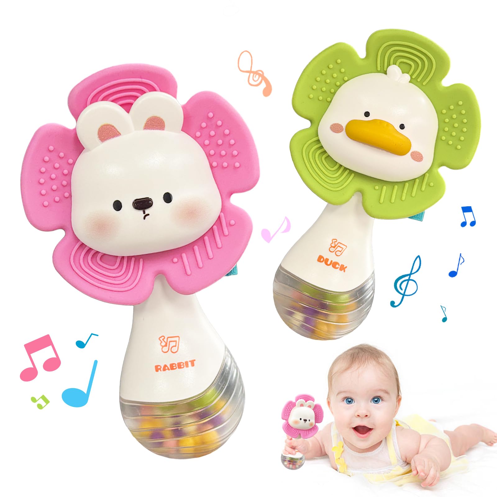 2 PCS Baby Rattles Teething Toys 3-6 Month, Baby Toys for 0-6 Months | Infant Toy Sensory Toys with Beads Grasping Shaker , Newborn Must Haves Montessori Toys Babies Gifts