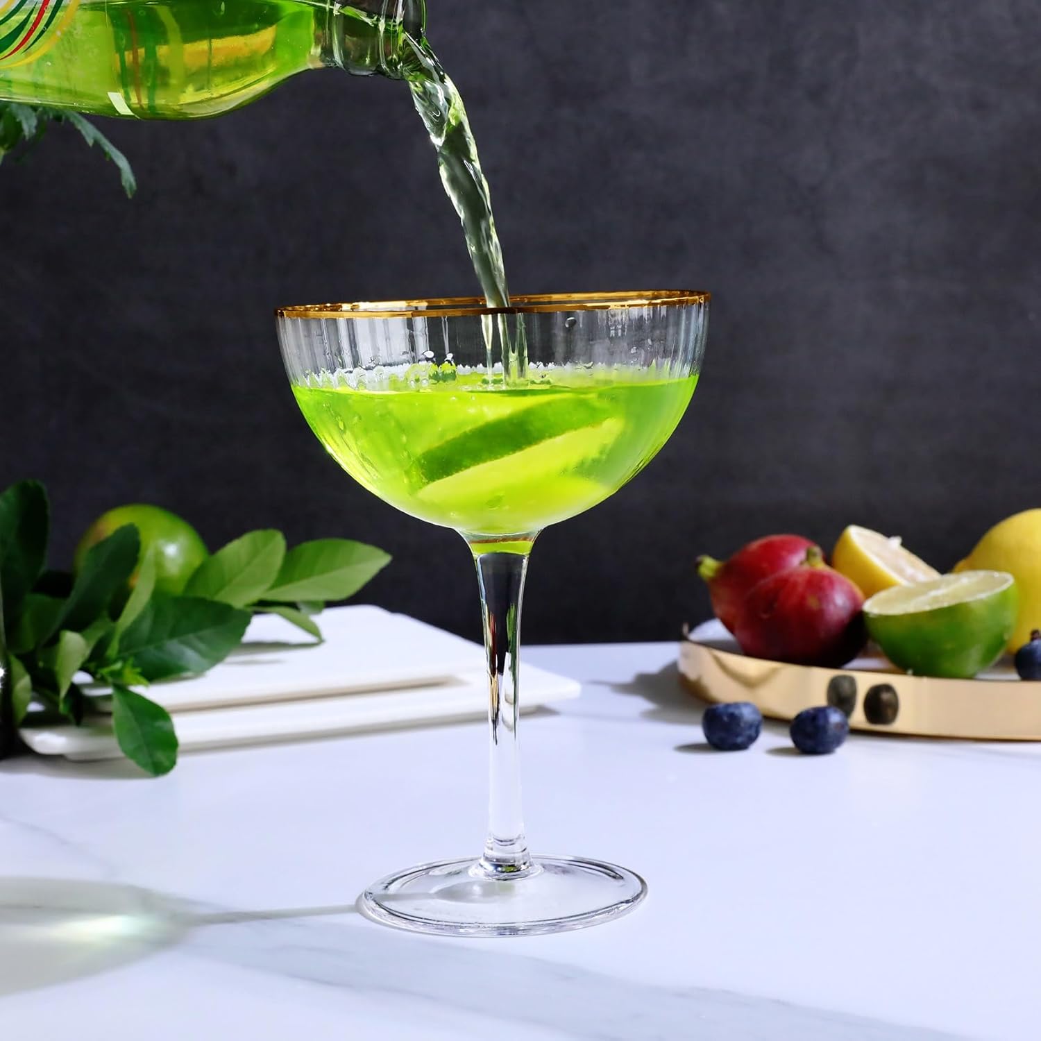 Royalrose Premium Cheerfull Fluted 10.7 oz Coupe Glasses Set of 4 – Vintage Gold Rim, Hand-Blown Fine Glass – Elegant Barware for Cocktails, Parties & Home Entertaining (4)