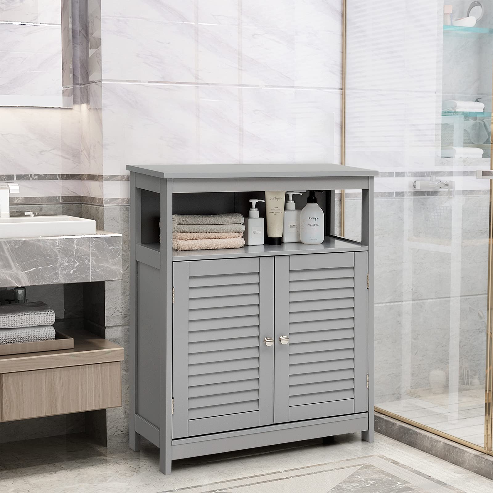 RELAX4LIFE Mobile da Bagno, Armadietto da Terra in Legno con Ripiano Regolabile, Mobiletto Salvaspazio per Cucina Soggiorno Corridoio Ingresso, 60 x 30 x 80 cm (Grigio)