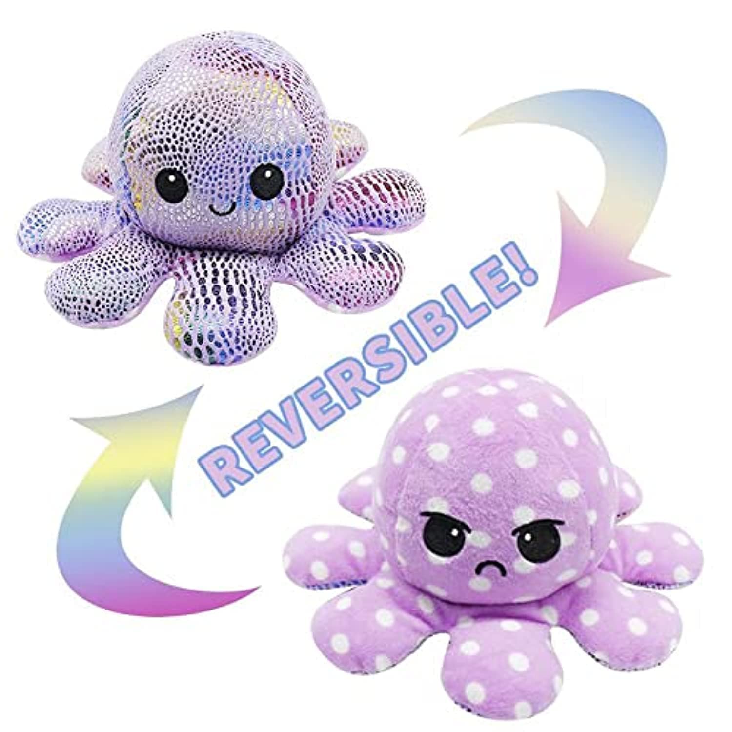 GrabMantra Reversible Octopus Plushie Soft Toys, Double-Sided Flip Stuffed Animal Mood Plush Show Your Mood Without Saying a Word, A Gift for Kids and Decorations (Polka Dot + Shimmer)