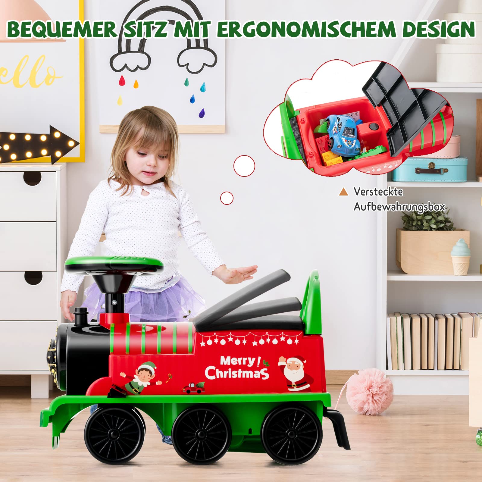 COSTWAY Samochód elektryczny dla dzieci 6 V, pociąg elektryczny z pociągiem, muzyka, światła, miejsce do przechowywania i wysuwane pedały, elektryczny samochód dziecięcy dla dzieci od 3 lat (zielony)