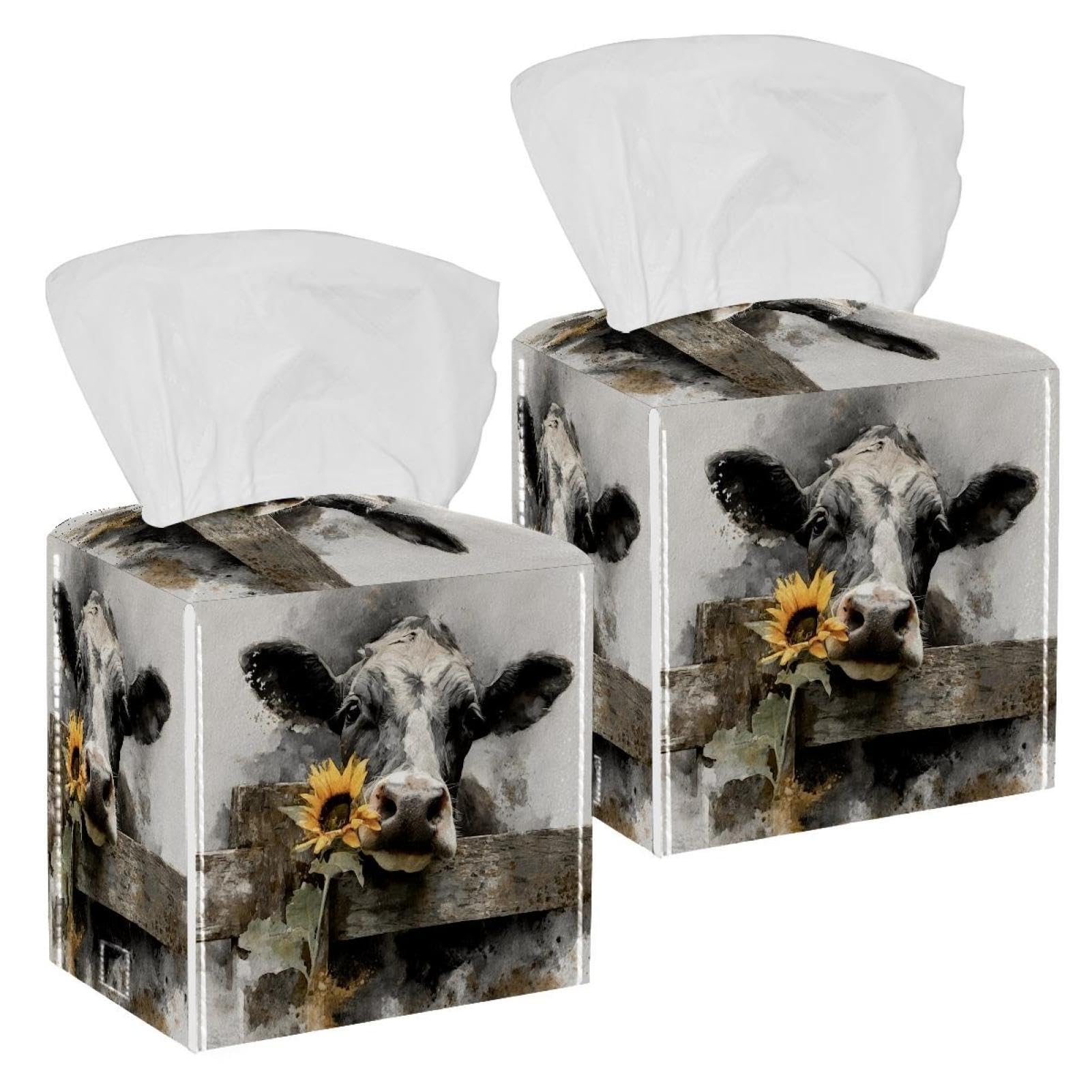 Farmhouse Highland Cow Tissue Box Cover, 2 Pack PU Leather Square Facial Tissue Dispenser Box holder for Home Office Car