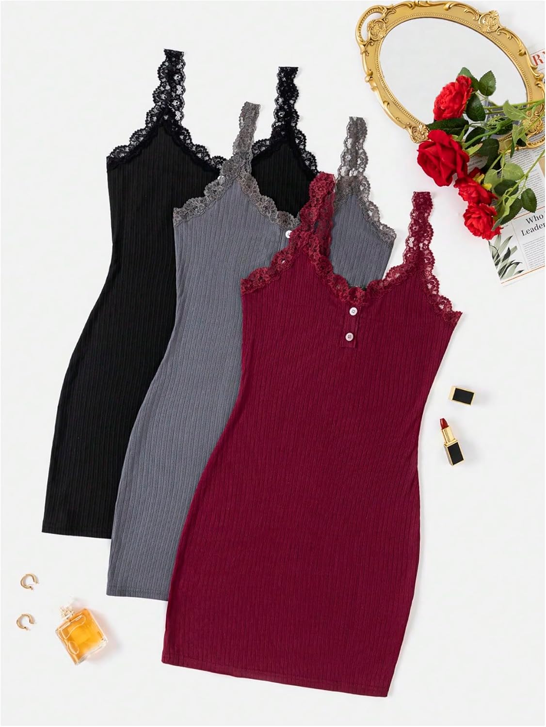 SOLY HUX Women's 3 Packs Nightgowns Soft Sexy Lace Trim Sleep Dress Chemise Pajamas Sleepwear Cami Mini Slip Dresses - Image 3