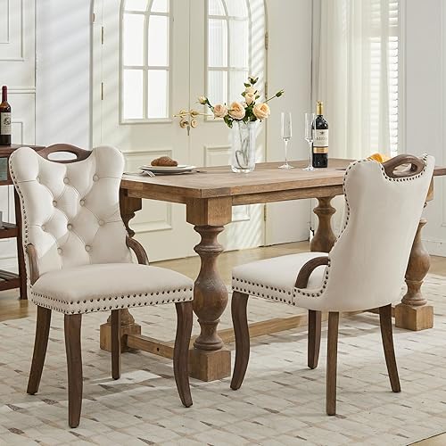 Miniatura 2 de Sillas de Comedor Juego de 2 sillas de comedor de terciopelo beige, modernas sillas de comedor tapizadas con respaldo copetudo y asas de madera,