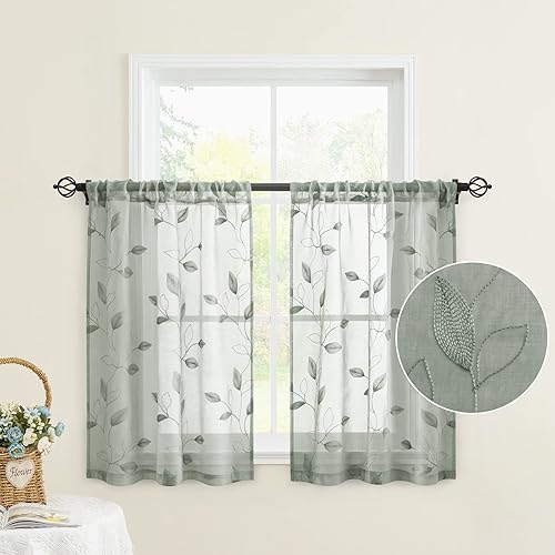 Miniatura 2 de HOMEIDEAS Cortinas transparentes de cocina verde salvia de 30 x 36 pulgadas de largo, 2 paneles bordados con patrón de hojas cortas para ventanas