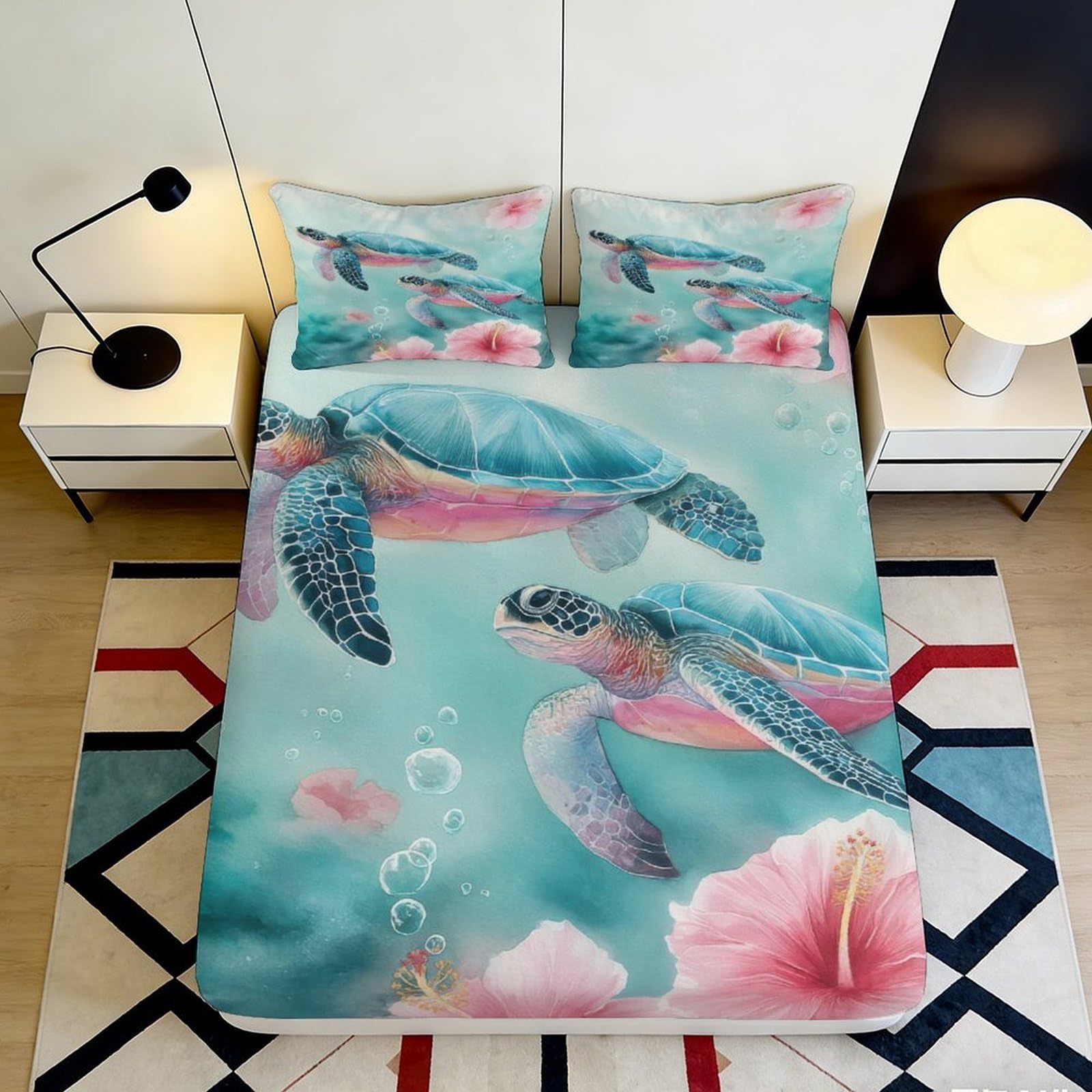 3D Printed Ocean Sea Turtle Fitted Sheet Microfiber Blue Pink Hibiscus Bed Cover for Bedroom Guest Room Decor 90x200x25cm