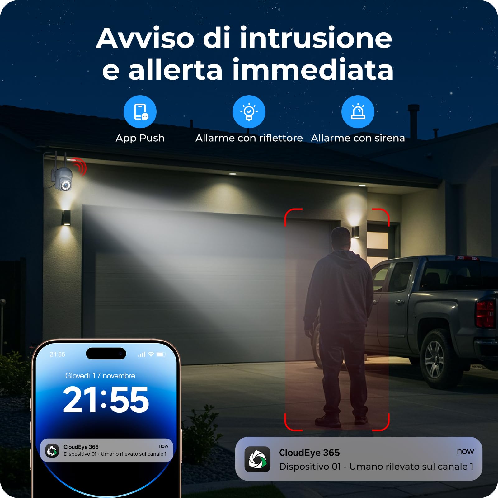 CAMCAMP kit videosorveglianza wifi telecamere da esterno videocamera sorveglianza, 360 gradi PTZ 16CH NVR con 500GB 2.4G& 5G wi-fi Vision Nocturne Couleur, AI Détection de Personne Enregistrement 24/7