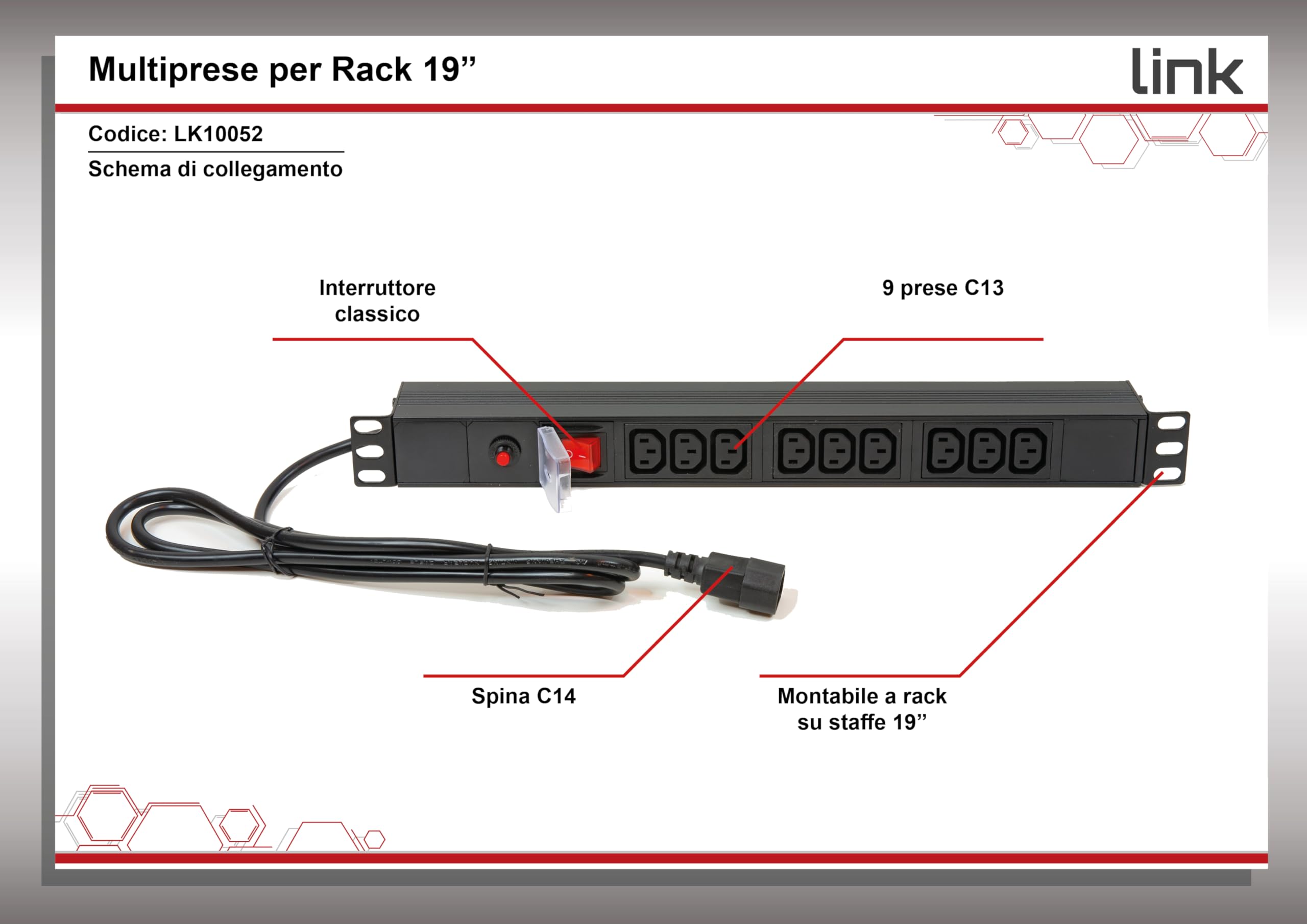 LINK lk10052 listwa zasilająca 9 gniazd żeńskich IEC C13 do szafy Rack 19"