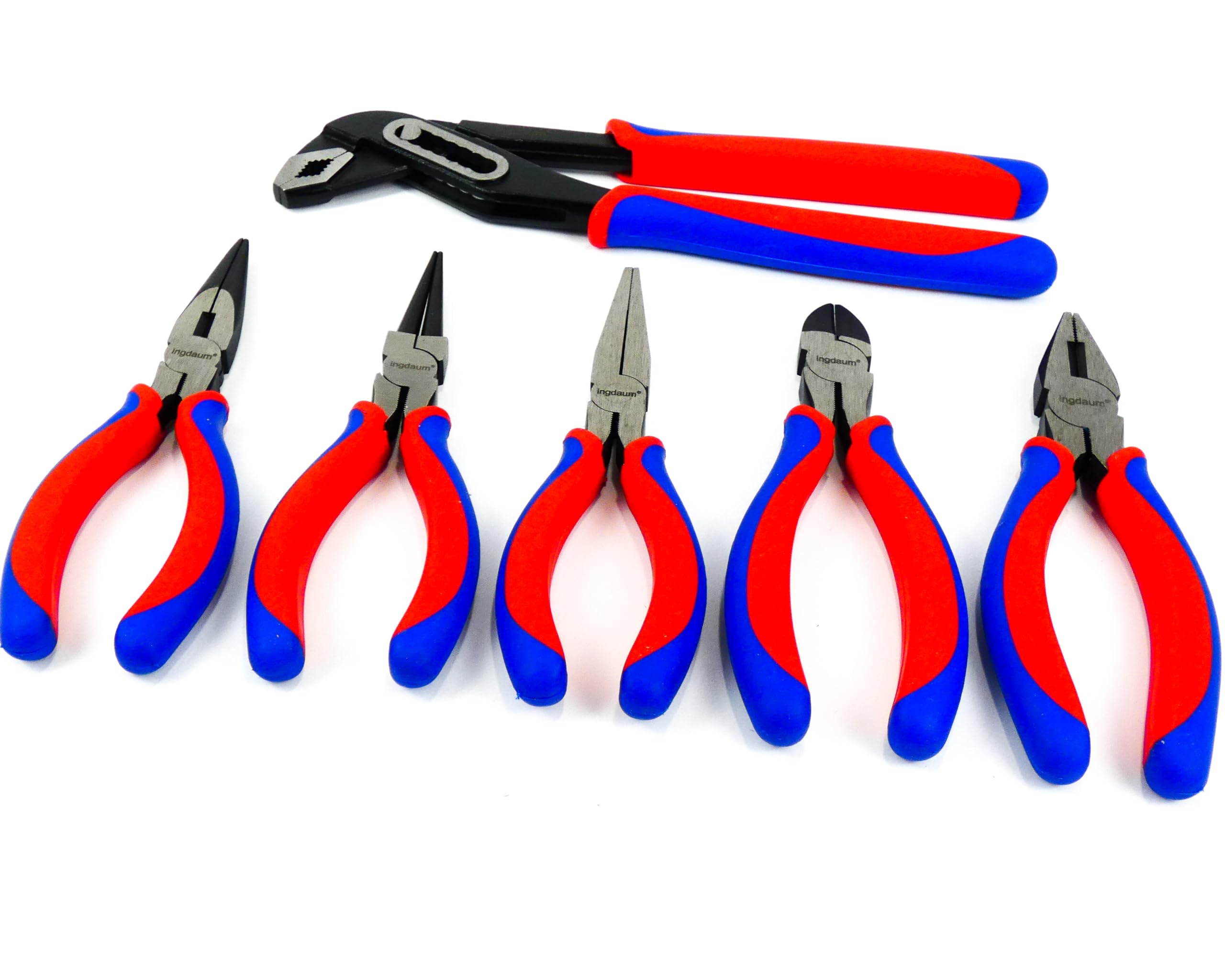 Pinze in acciaio al carbonio forgiato – Impugnature bicolore Blu-Rosso – Superficie lucidata – Set o singole: Pinza acqua, combinata, a becchi lungh, Tronchese (6 pinces)