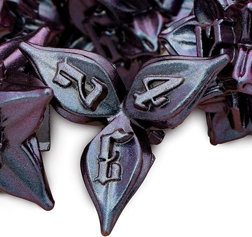 Miniatura 27 de ARUOHHA DND - Juego de dados de metal con diseño de números de hoja negra, dorados, dados poliédricos con caja, 7 dados D y D, juegos de rol D20