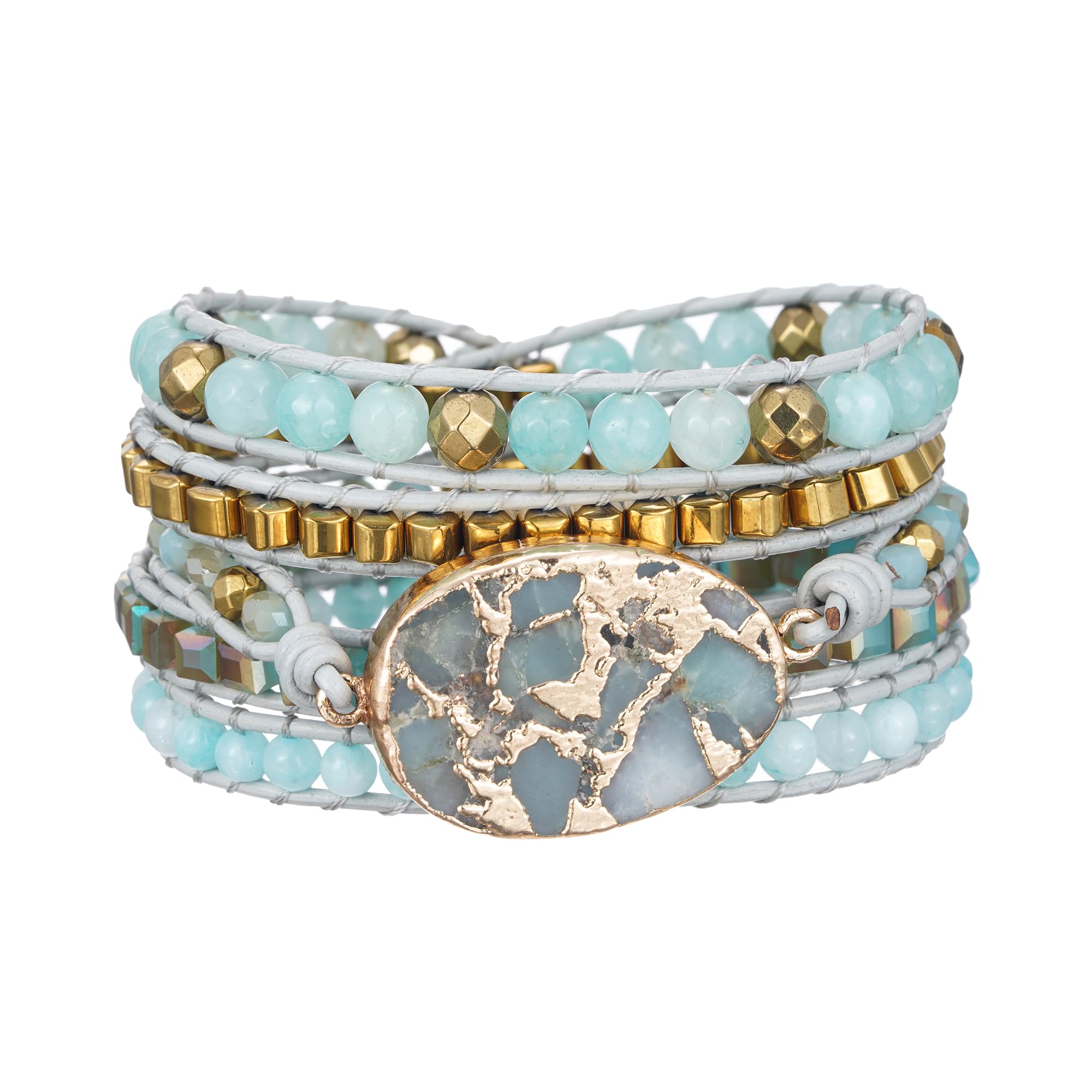 Plumiss Women Boho Handmade Natural Stone Crystal Leather Bead Wrap Bracelets Collection