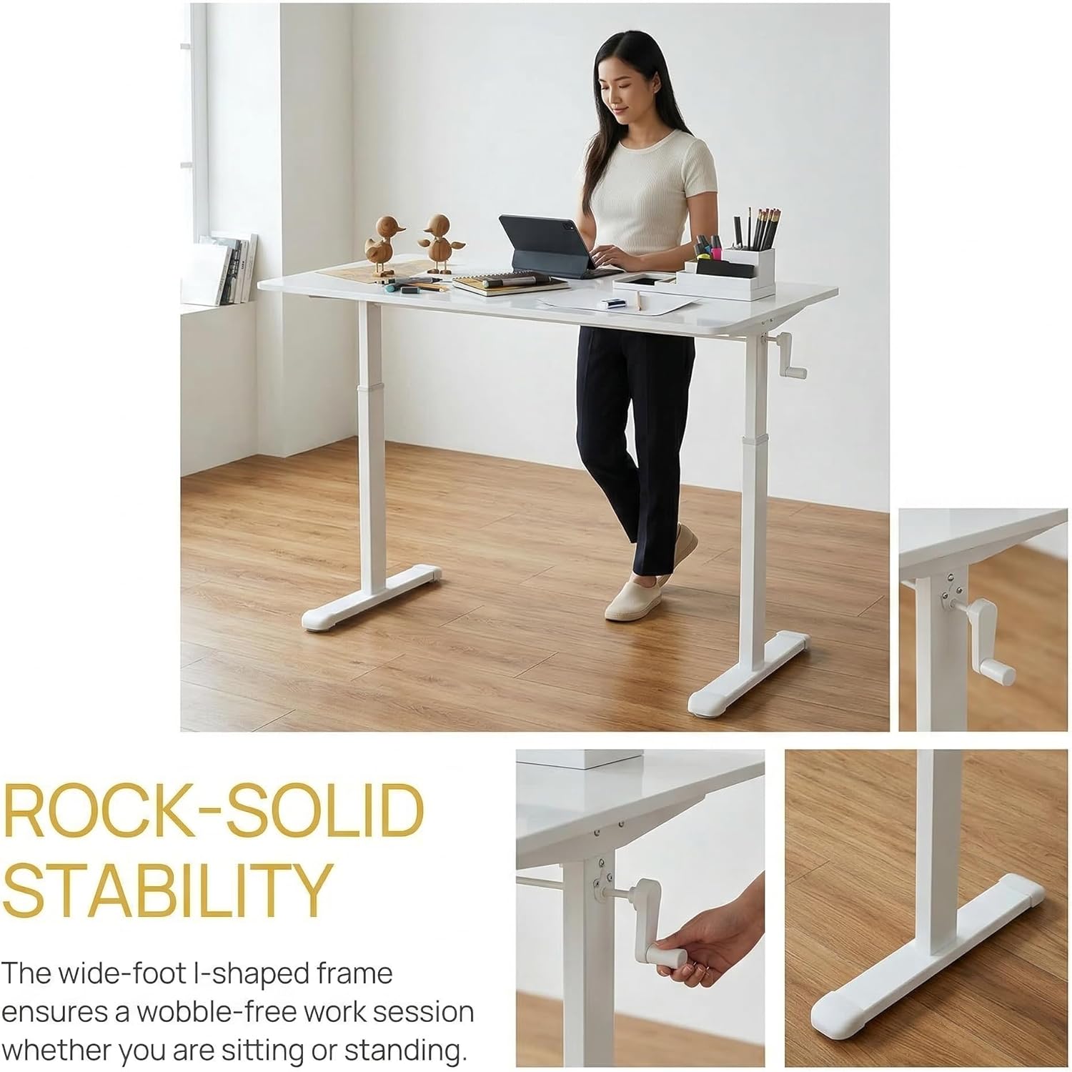 BROVAVE 47" Hand-Crank Adjustable Computer Desk, Gaming Desk with Sturdy Wide Footstand, Home Office Desk for Sitting/Standing Work, White