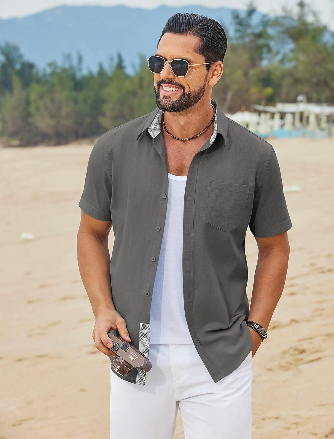 COOFANDY Men's Button Down Shirts Short Sleeve Casual Cotton Shirts Summer Beach Wedding Shirt with Pocket - Image 5