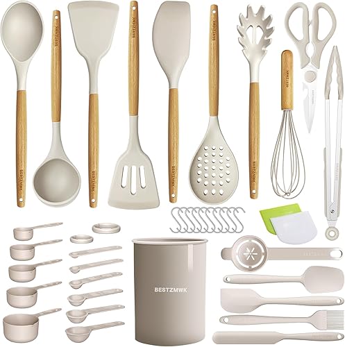 Juego de utensilios de cocina de cocina, 39 piezas antiadherentes de silicona, juego de espátulas con soporte, mango de madera de silicona para