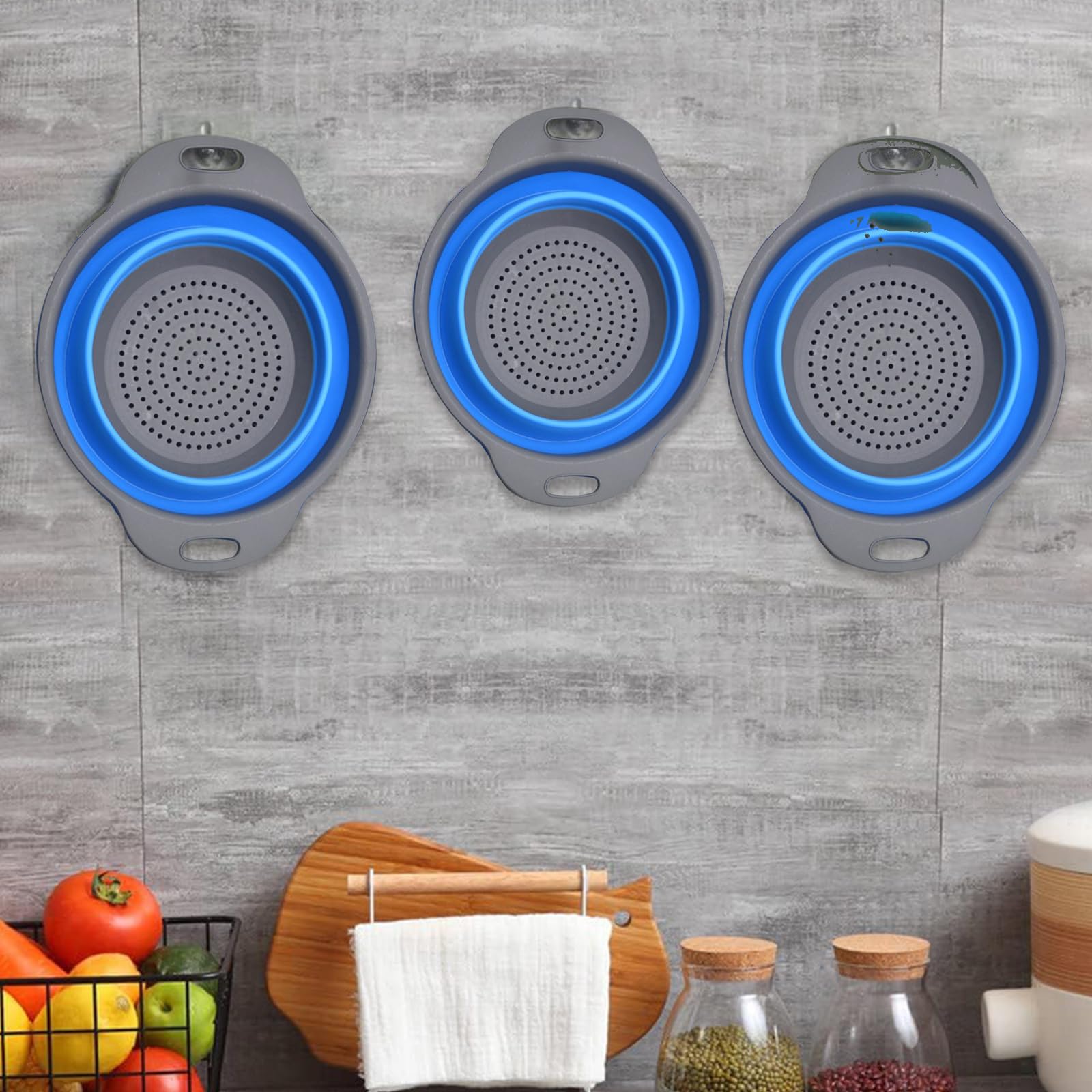 Colador plegable, juego de 2 coladores plegables, cocina que ahorra espacio, colador plegable de silicona de grado alimenticio con mango (azul) 6