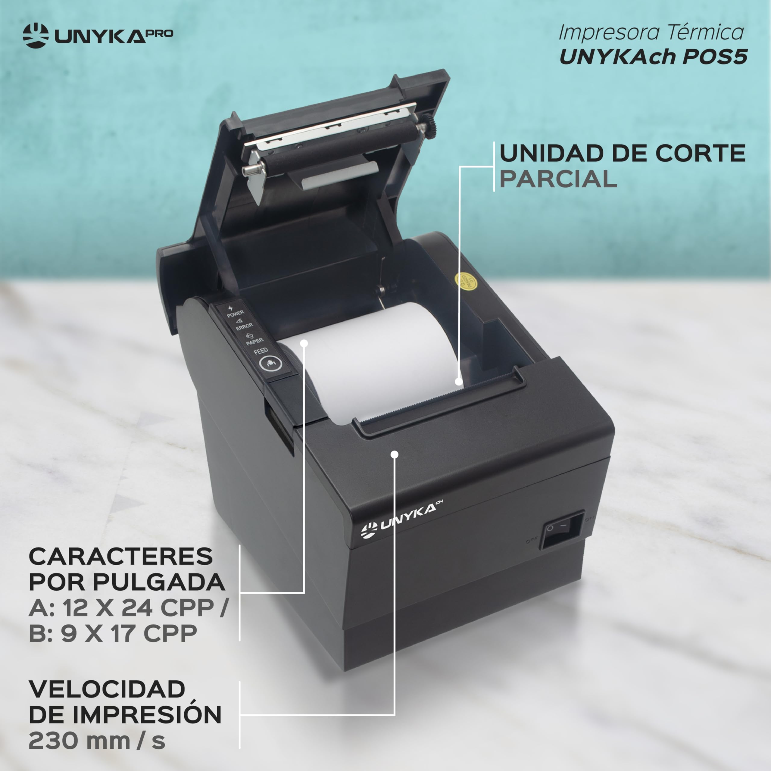 Unykach Impresora Térmica de Tickets POS5 con Corte Automático, USB, RJ12, RJ11, LAN, Compatible Windows, JPOS, OPOS, Linux, Android, Mac