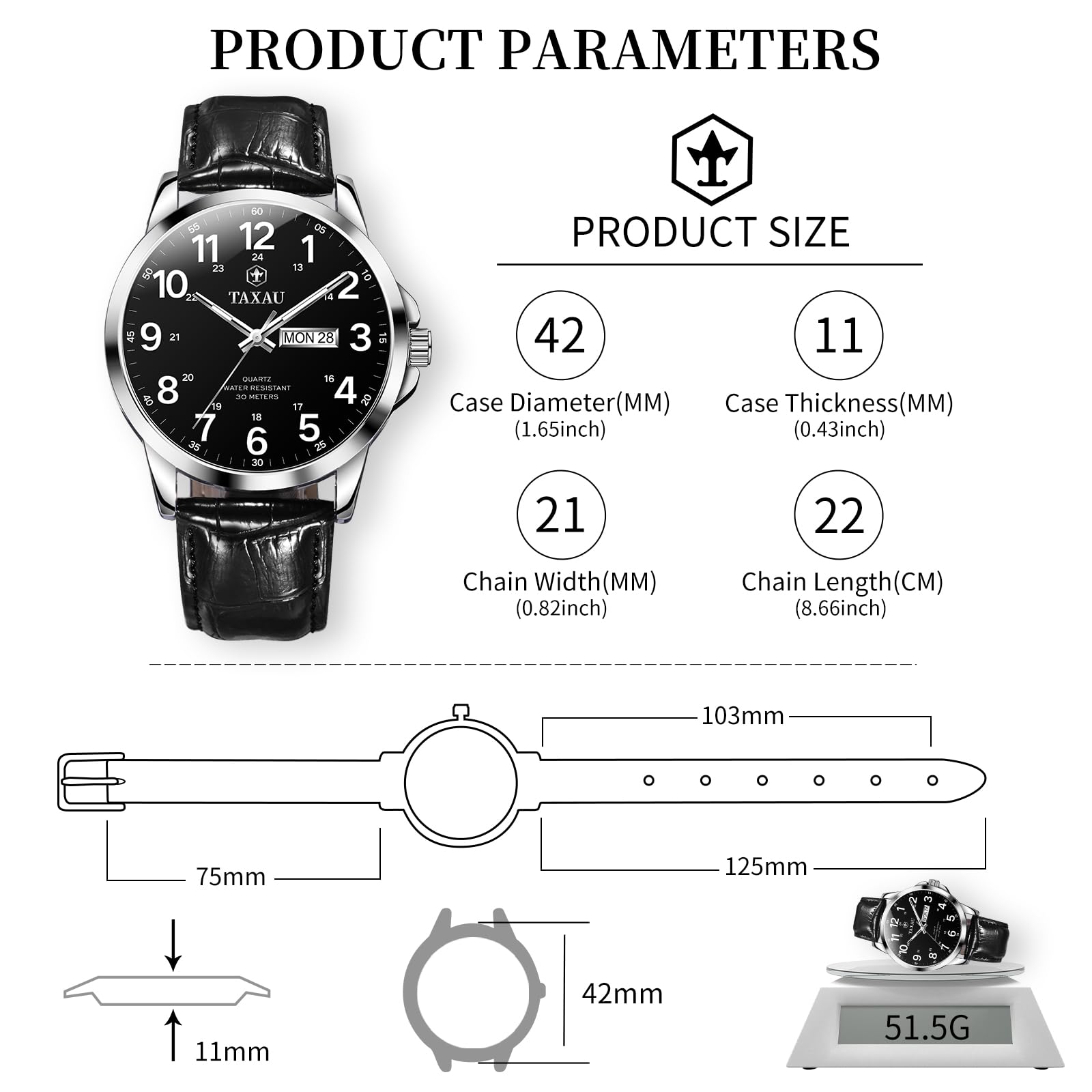 Taxau - Reloj impermeable para hombre de cuero - Reloj luminoso para hombre - Reloj de negocios con fecha de ocio