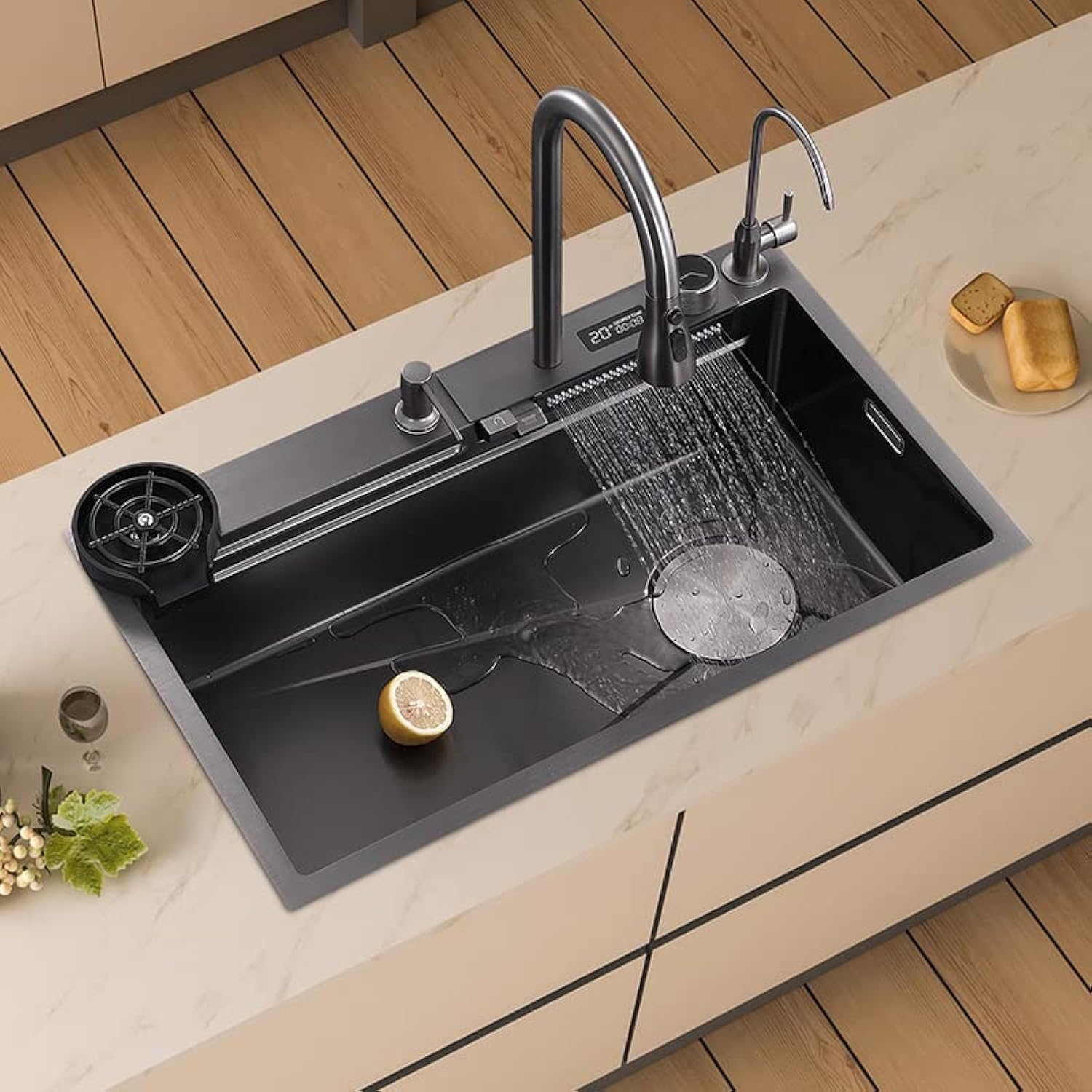 Kitchen sink button waterfall water temperature display stainless steel multifunctional sink hand wash basin (29.5x17.7x8.6inches)