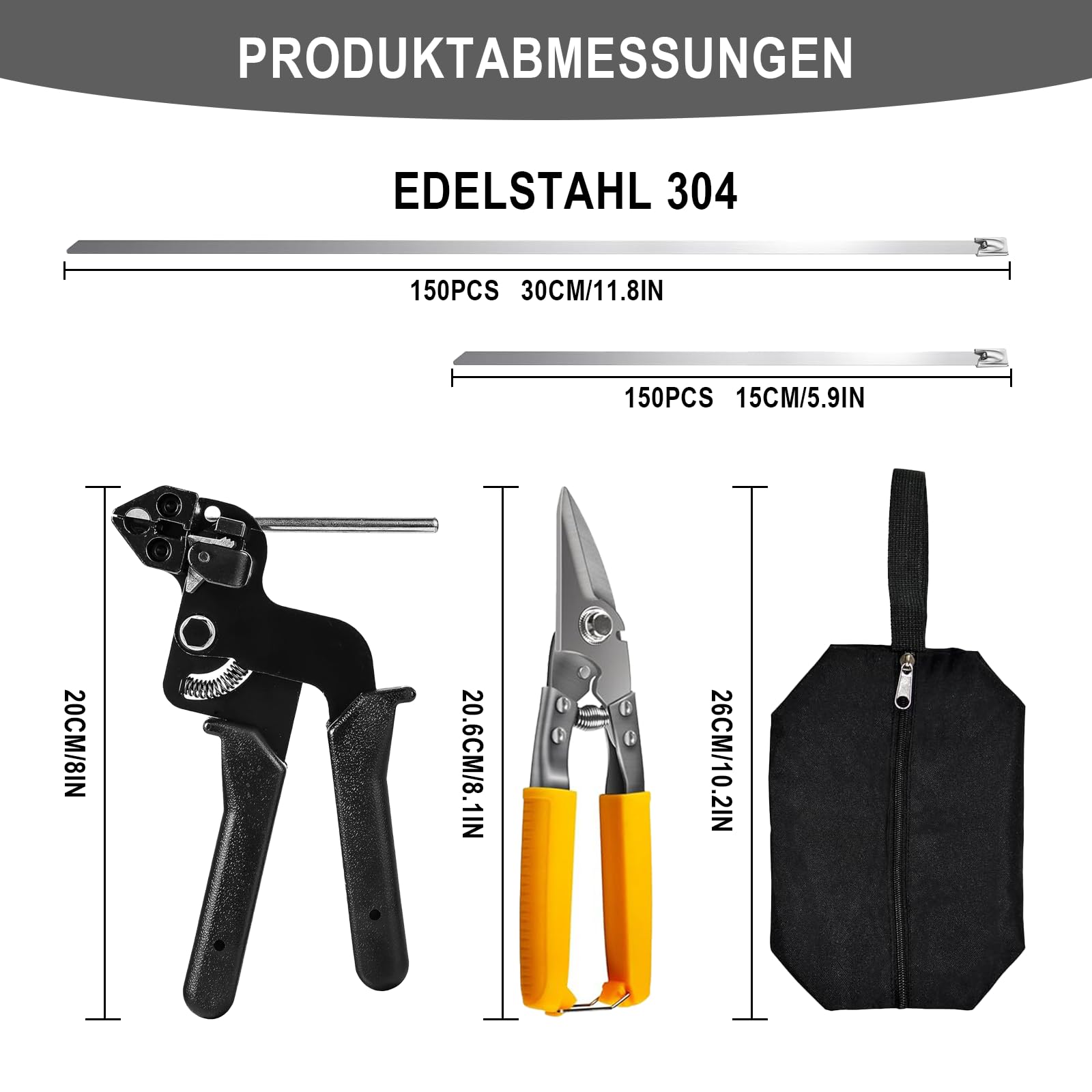 Profi Edelstahl Kabelbinderzangen Set inkl. 300 Stück Metallkabelbinder | (304er Stahl) - Spannwerkzeug & Metallbinderpistole mit Schneidfunktion - Set mit Zange & Tasche - für Industrie, Kfz