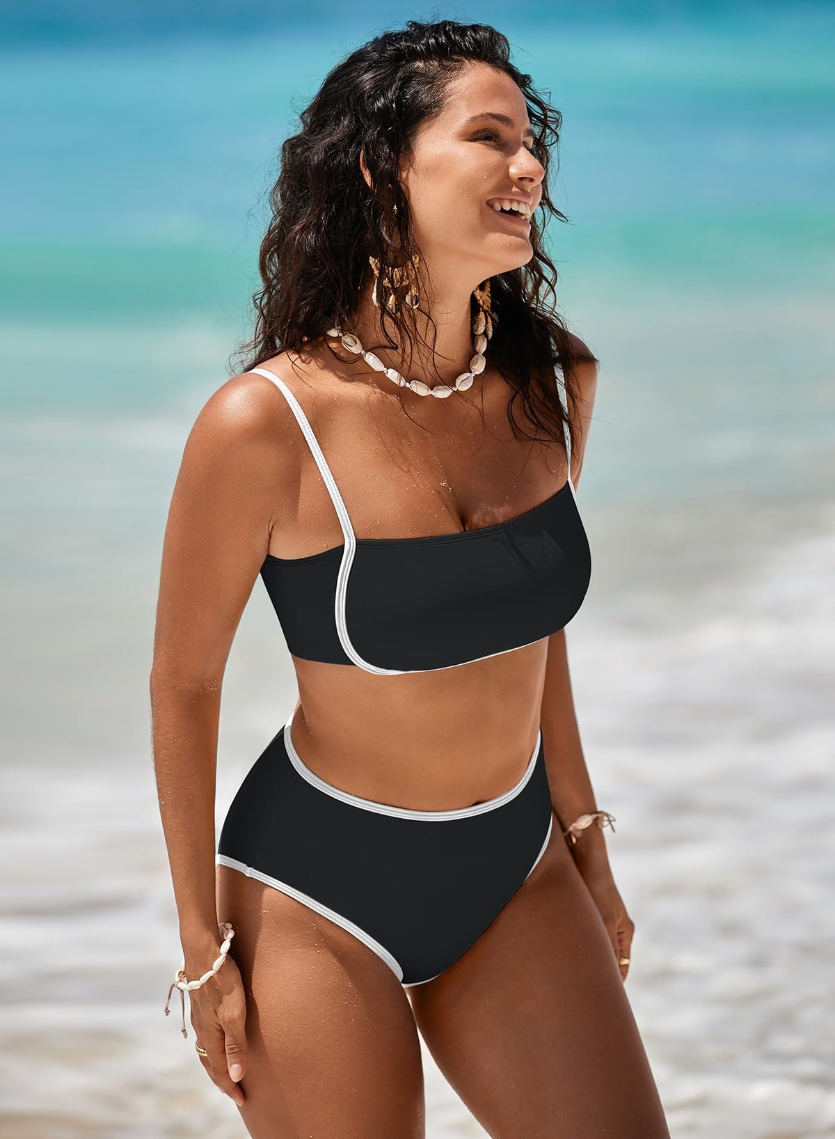 Pink Queen 2025 - Conjunto de bikini de cintura alta para mujer, traje de baño de dos piezas, bloque de color, corte alto, trajes de baño de playa