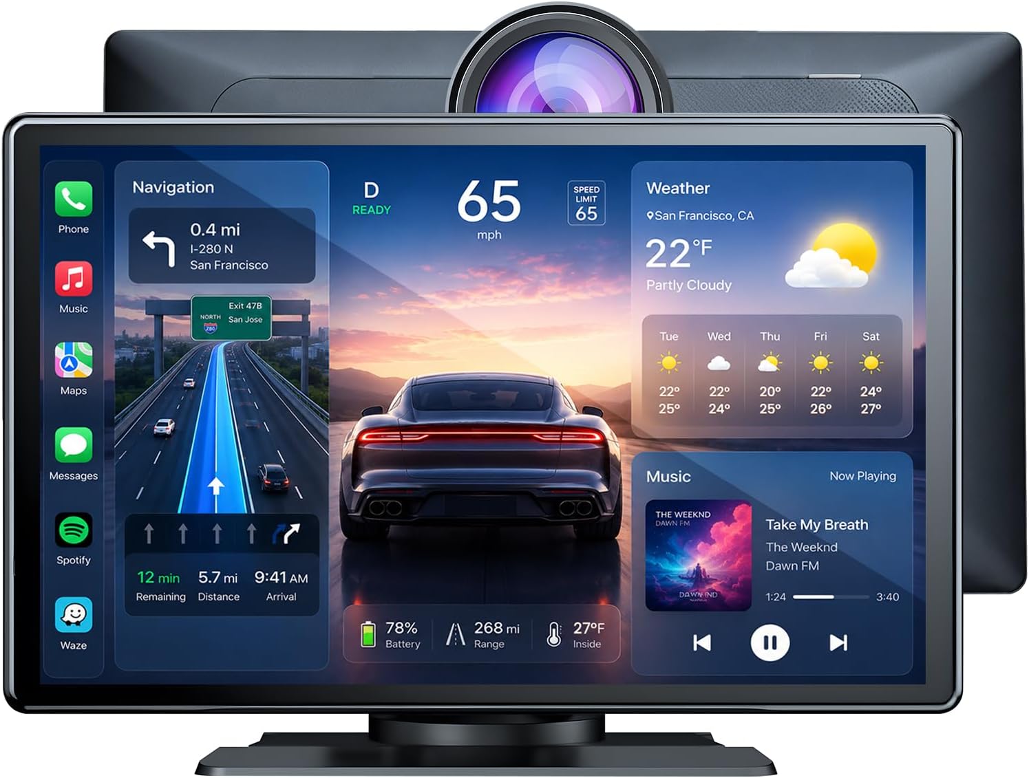 Wireless Apple CarPlay & Android Auto Touchscreen, 9" Portable Car Stereo with 4K Dash Cam, 1080P Backup Camera, GPS Voice Control, Bluetooth FM Radio, App Control, 64GB SD Card