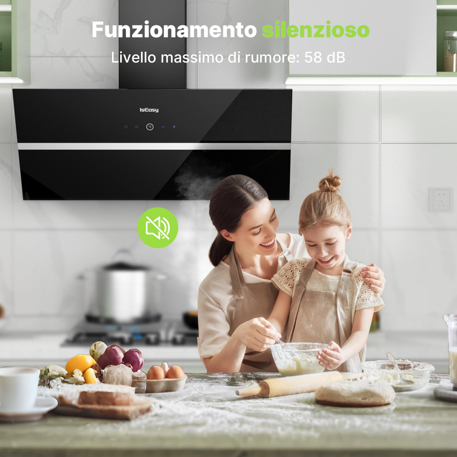 IsEasy Cappa Aspirante 90 cm con 578 m³/h Forte Potenza di Aspirazione, Cappa Cucina 90 cm di Scarico/Ricircolo, 4 Livelli di Regolazione, Ritardo 1-9 Minuti, 58 dB, Nero, Efficienza A++
