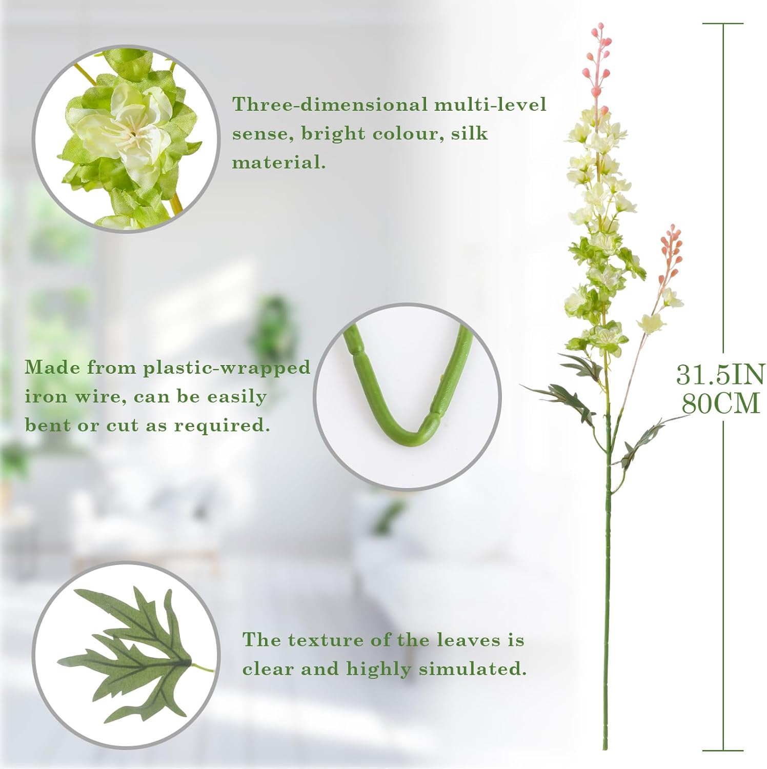 33.5" Long Delphinium Artificial Flowers Larkspur Silk Flowers Bulk Fake Flowers Long Stem Artificial Flowers for Tall Vase Home Garden Bridal Bouquets Wedding Arrangement Decor(6PCS) (Green)