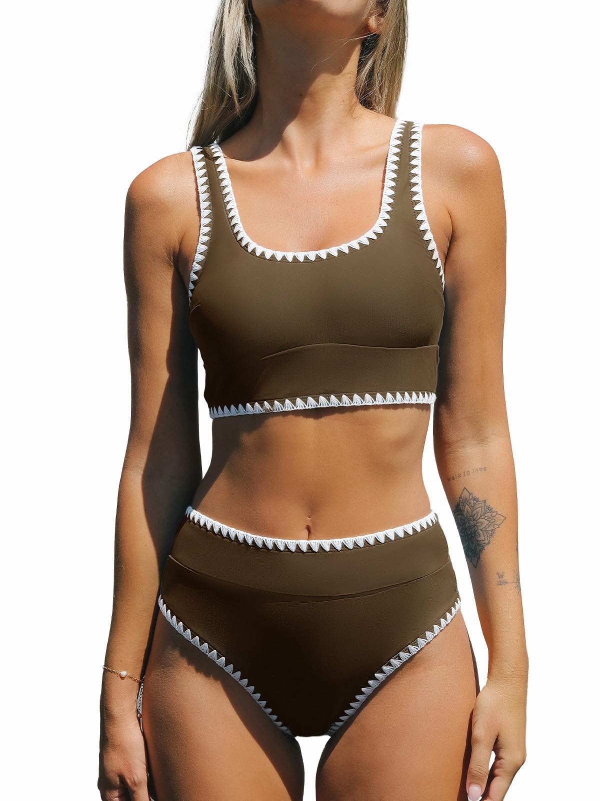 CUPSHE Women's Bikini Set U Neck High Waist Tank Bikini Wide Straps Crochet Piping Cheeky Swimwear Two Piece Swimsuit