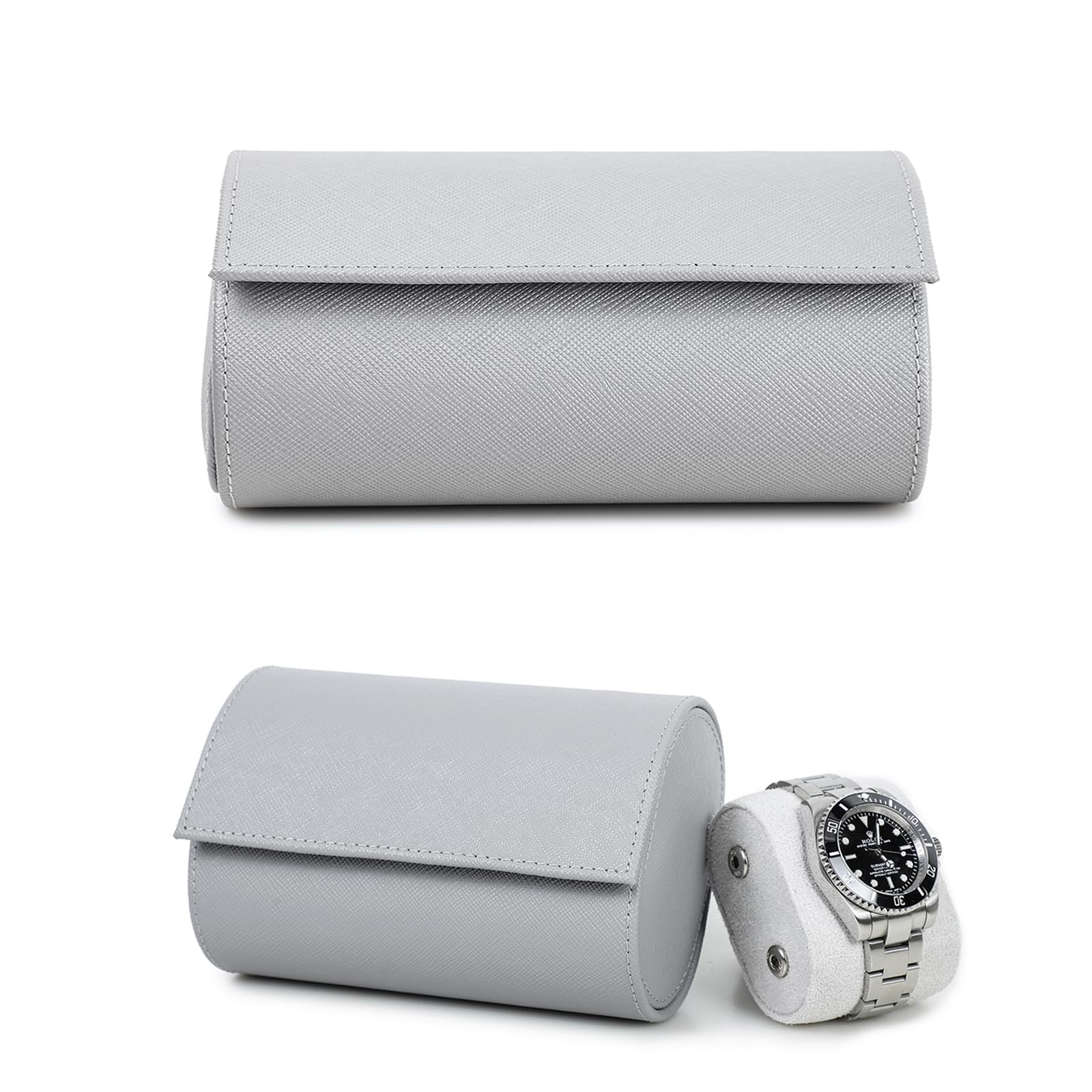 NFBCXUTKW Hiram Watch Travel Case 2 Watches Storage Roll Case Genuine Saffiano Leather Travel Watch Organizer Box (Grey)