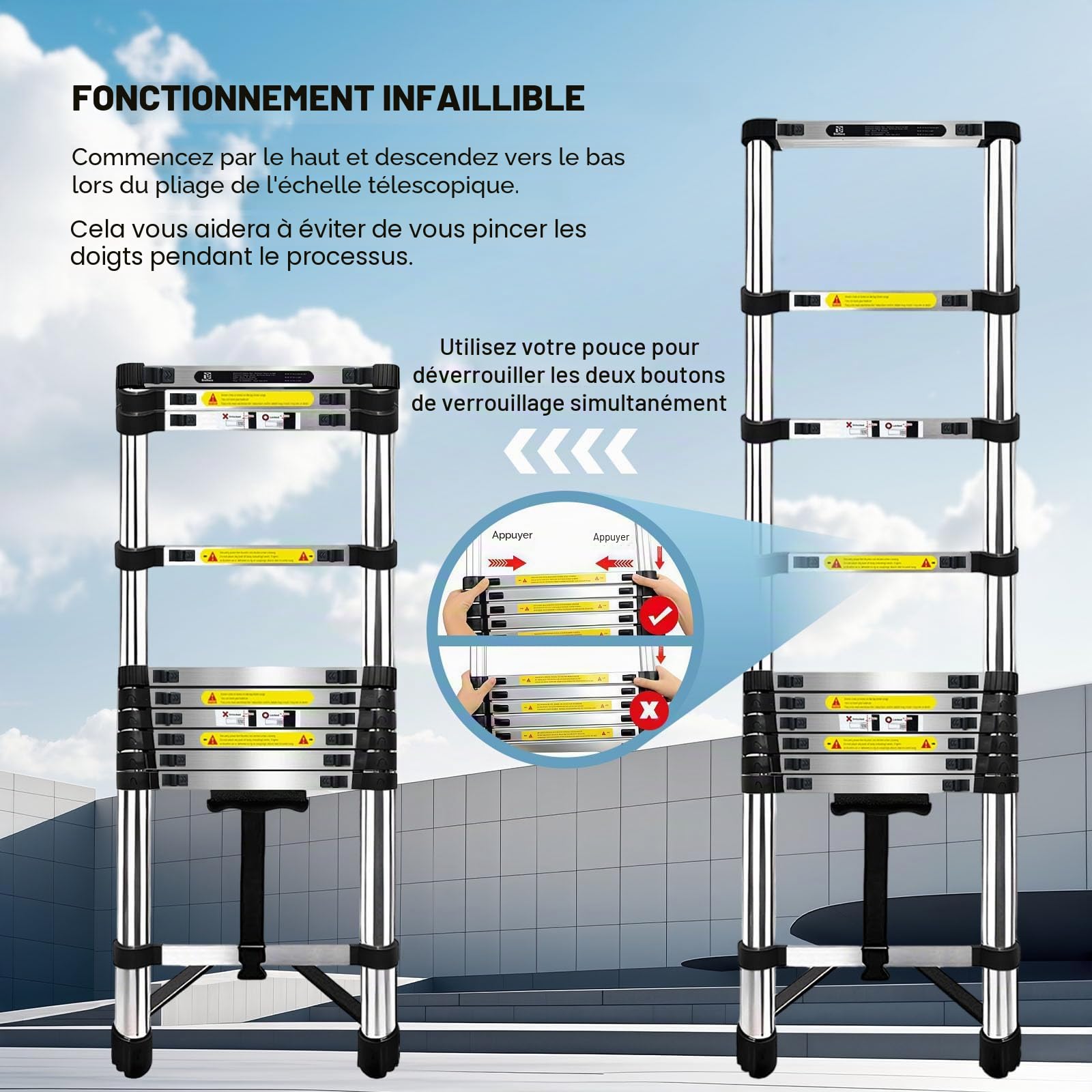 Échelle télescopique en acier inoxydable de 3,2 m - Légère et polyvalente - Pour un usage domestique - Portable et facile à ranger - Convient pour les travaux de toiture et une utilisation en