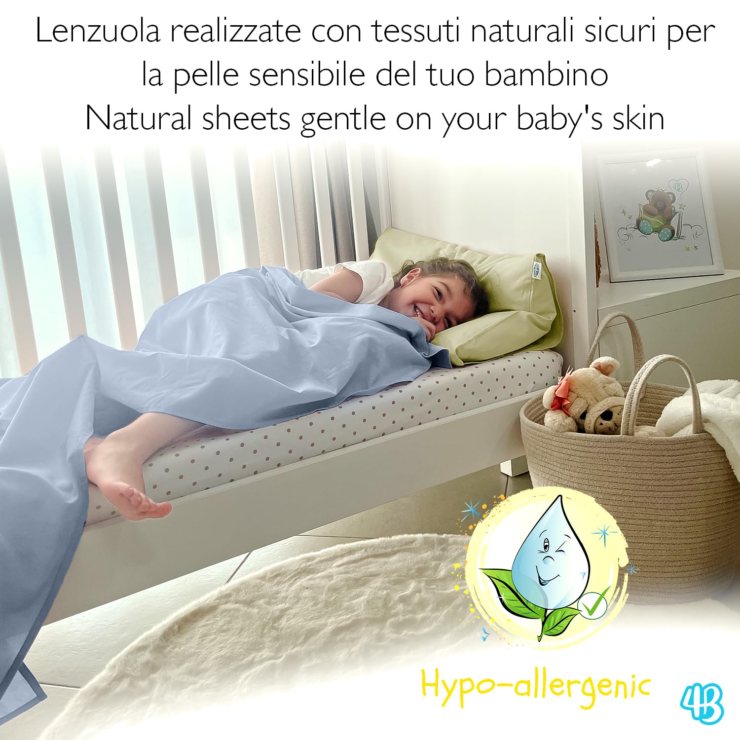 4BABIES - Drap Plat bébé 120x180 - Drap lit bébé à barreaux - Linge de lit Enfant en 100% Coton Fabriqué en Italie certifié Oeko-TEX - Bleu Clair
