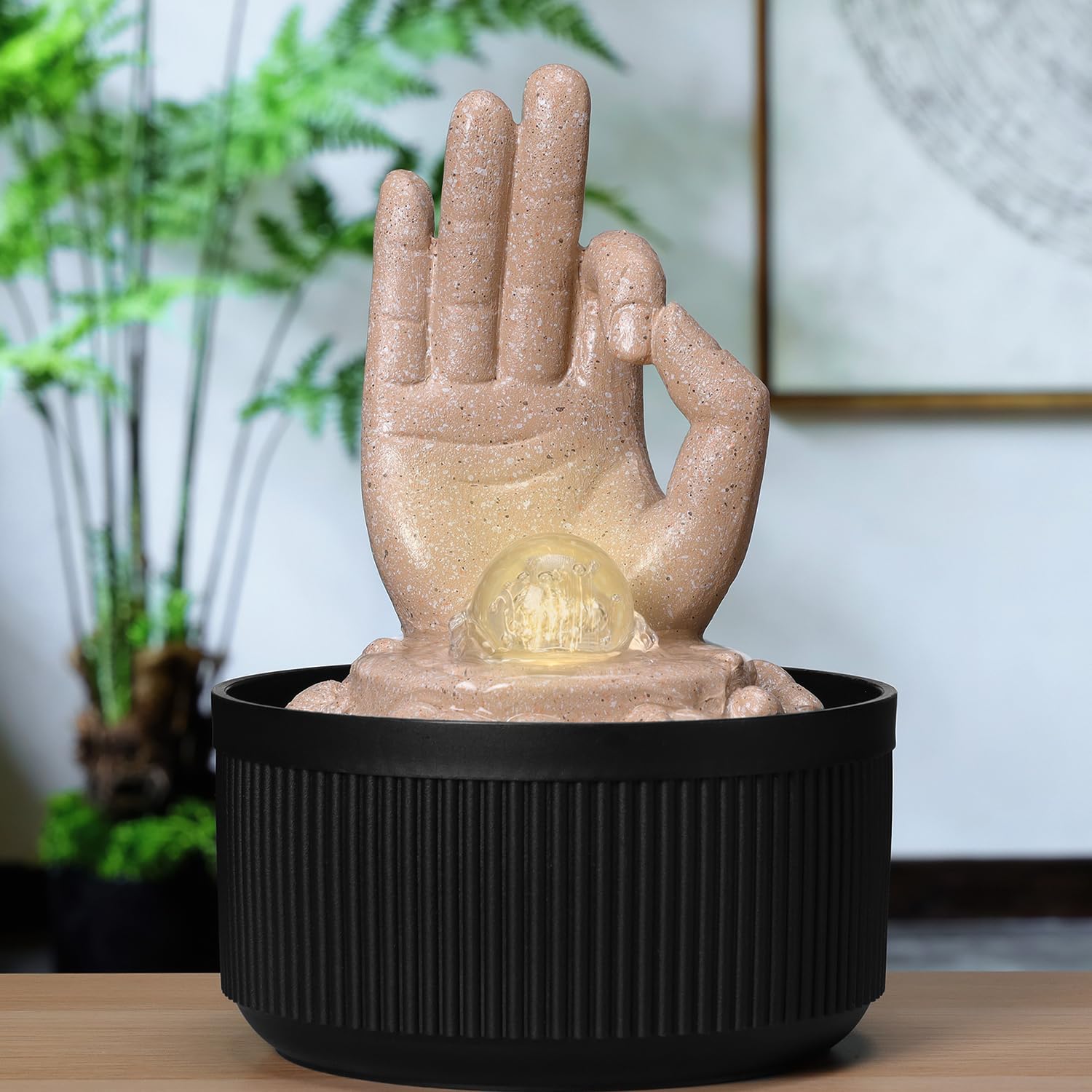 amazon basics Indoor Fountain with Pump Ball | Sand Finish, Beige with Black LED Light | Polyresin & Plastic | 0.8L Tank | IPX8 Waterproof | 17×17×24 cm-image-34