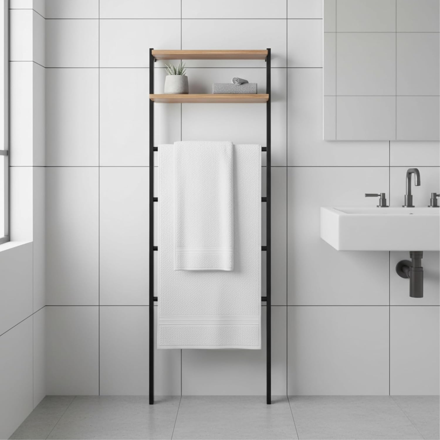 6-Tier Solid Wood Blanket Ladder with Storage Shelves, Black & Sweet Oak Finish Space Saving Ladder Shelf for Blankets, Towels & Décor
