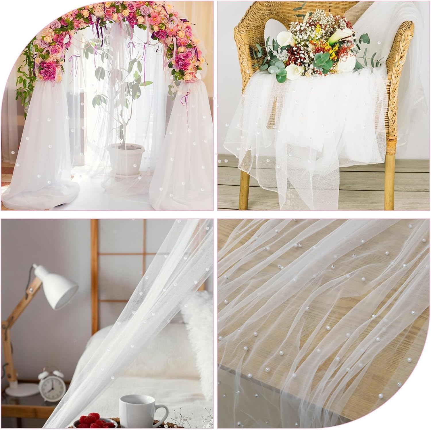 Set of 6 Pearl Table Runner 10ft, 29 * 120 Inch White Table Cloth Pearl Sheer Tulle Table Cover,Pearl Table Runner for Wedding Party Baby Shower Birthday Home Decor