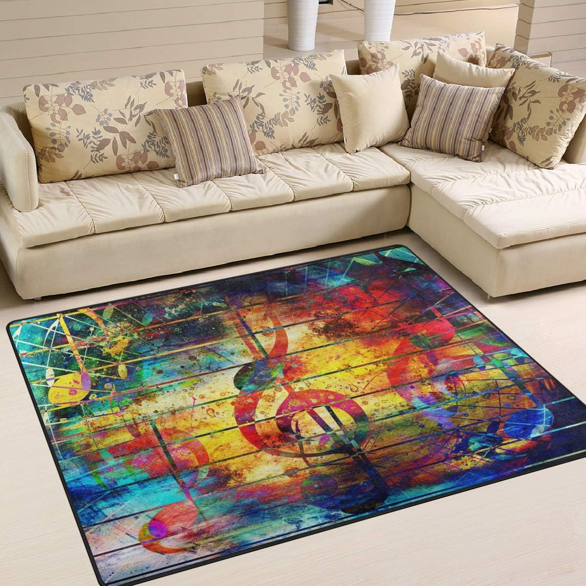 Area Rugs Art Colorful Paint Music Staff Note Indoor/Outdoor Floor Mat Livingroom Bedroom Sofa Carpet Non Slip Home Hotel Large Custom Area Rug Mat 6.67'x4.83'