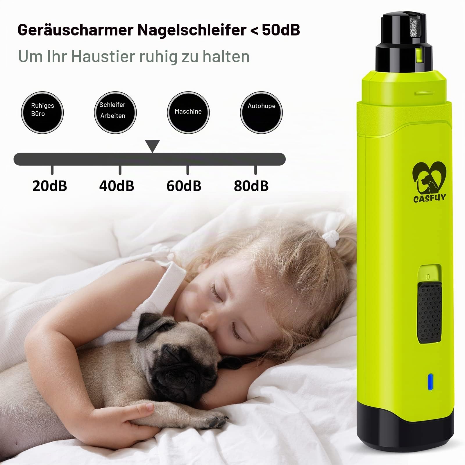 Casfuy Krallenschleifer für Hunde - Professioneller 2-Gang-Elektrisch-Wiederaufladbarer Krallenschneider für Haustiere, schmerzlose Pfotenpflege und -glättung für kleine, mittelgroße Hunde und Katzen