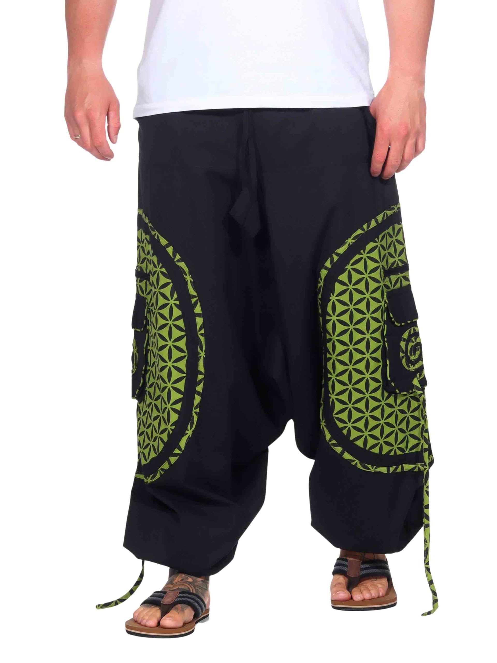 KUNST UND MAGIE Pantaloni Harem alla moda con motivo colorato Goa Hippie nero/limone. XXXXL