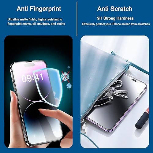Miniatura 4 de Paquete de 2 protectores de pantalla de privacidad mate para iPhone 14 Pro Max de 6.7 pulgadas, película de vidrio templado, antirreflejos,