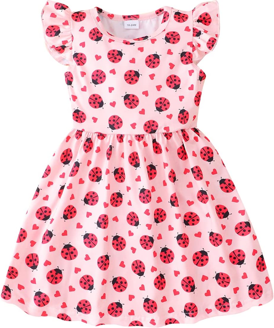 AkyzicBaby Girls Dress Unicorn Casual Flutter Sleeve Swing Sundress Birthday Party Summer Playwear Dresses 1-8 Years Old