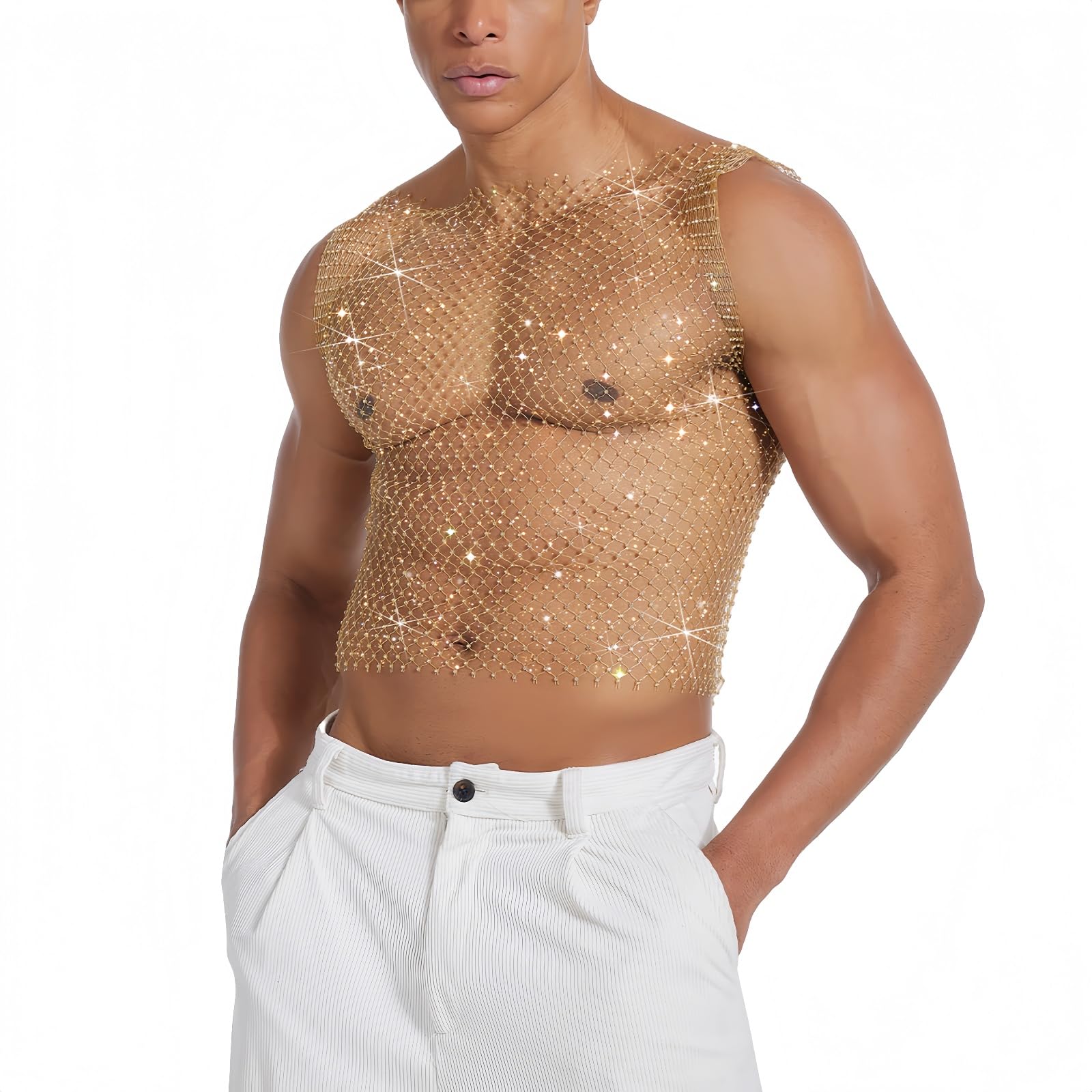 Hybursky Men's Fishnet Crop Top Sexy Glitter Vest See Through Sleeveless Shirts Hollow Out Muscle Tank Top Novelty Party Clubwear Music Festivals Rave Outfits（Gold/XL）