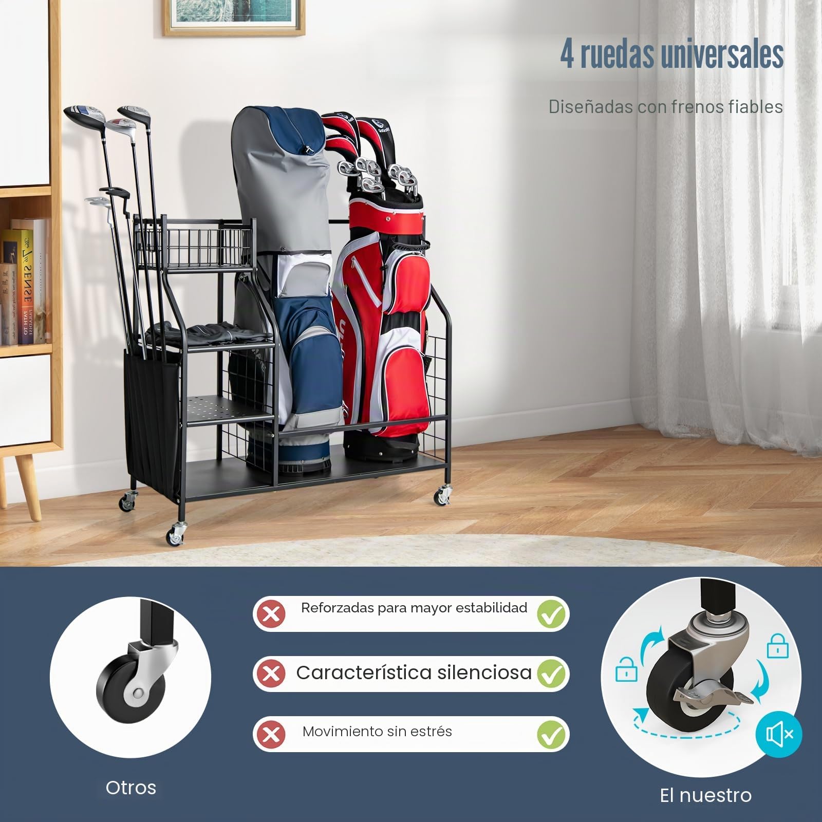 LIFEZEAL Estante de Golf con Ruedas, Organizador para Accesorios de Golf con Bolsa de Tela, Estante para Bolsa de Golf con Cesta y Gancho, Almacenamiento para Pelotas de Golf y Palos de Golf