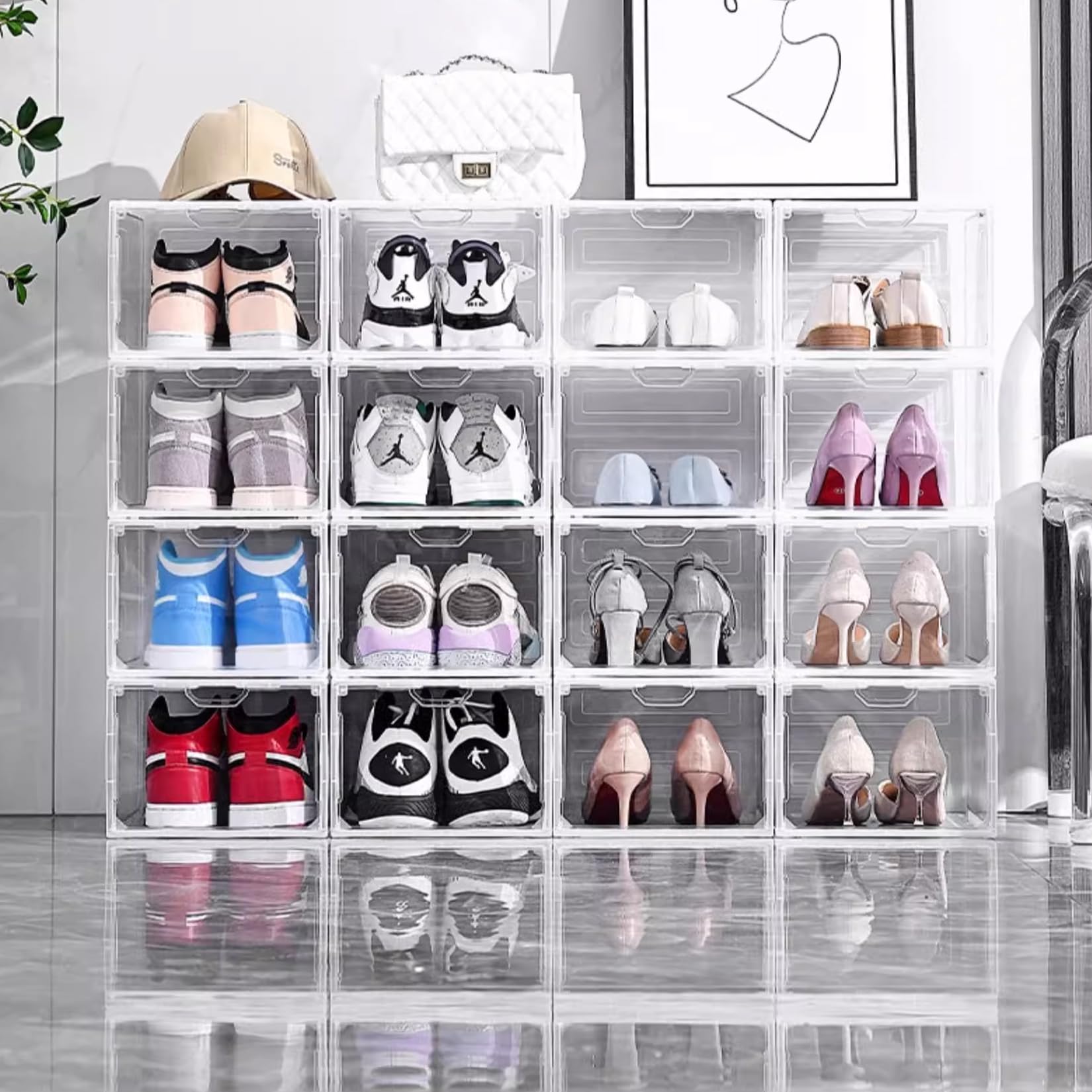 Schuhboxen Organizer-Schuhkartons durchsichtig,Transparent Schuhaufbewahrung für Sneakers und Turnschuhe,Kunststoffbox mit durchsichtiger Tür, 33.5 x25 x 8cm, für Schuhe bis Größe 46, Weiß (6Pcs)
