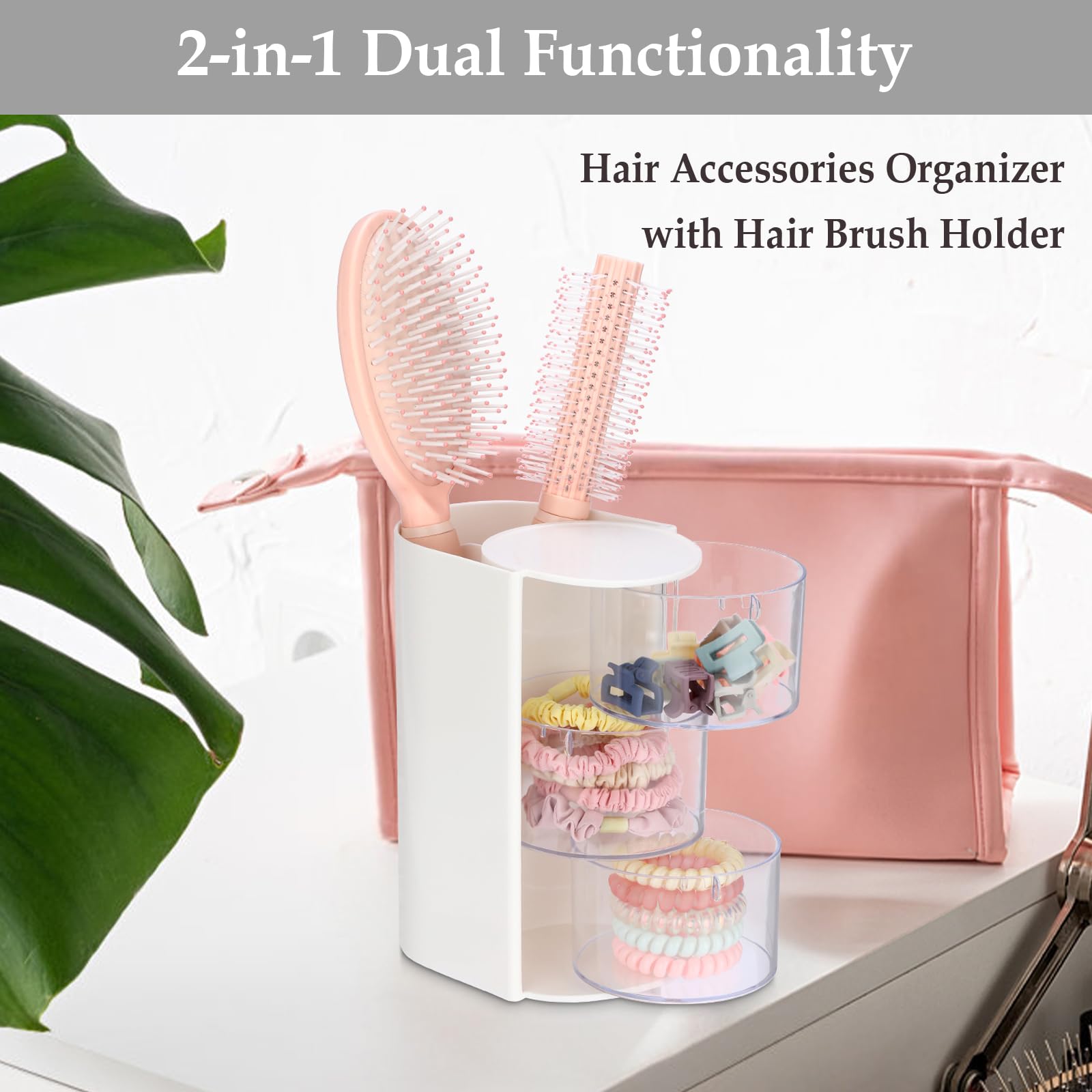 Organizzatore rotante per accessori con porta pettine, in plastica, contenitore per cosmetici, per pennelli da trucco, 3 strati, bianco