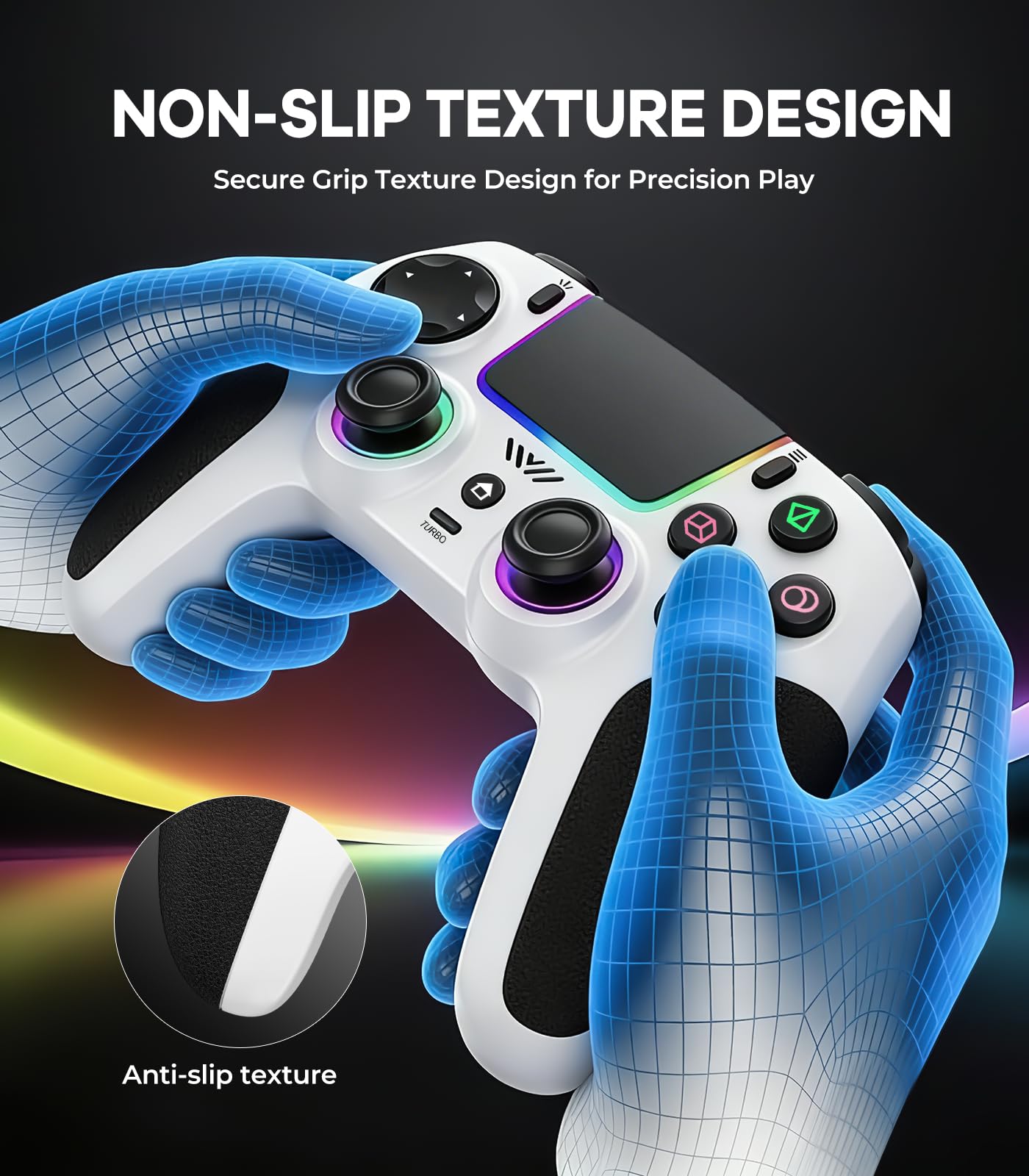 SZPACMATE Wireless Pro Controller für PS4/PS3/Switch/PC/iOS/Android/Steam Deck, mit 8 RGB Beleuchtung/Hall Effect Joystick/1000-mAh-Akku/Turbo/Doppelter Vibration/Programmierbar/Rutschfester Griff - 5