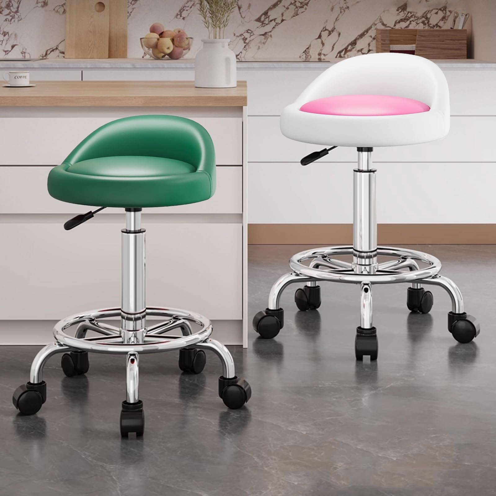 Taburete Tocador Maquillaje con Ruedas Regulable en Altura 39-54cm Taburete Giratorio Cocina con Reposapiés para Peluquería Oficina Hogar Silla de Infusión Ajustable(Green)