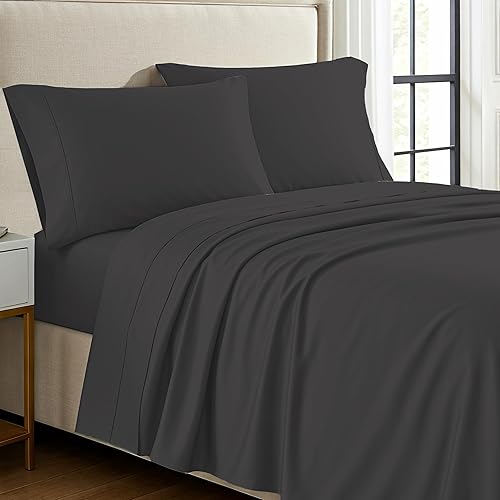 Carressa Linen 100% Egyptian Cotton Sheets California King Size - 1200 Thread Count 4 PC Cal King Sheets Egyptian Cotton, Soft, Cooling Sateen Sheet, High Thread Count Luxury Hotel Bedding - Dark Grey