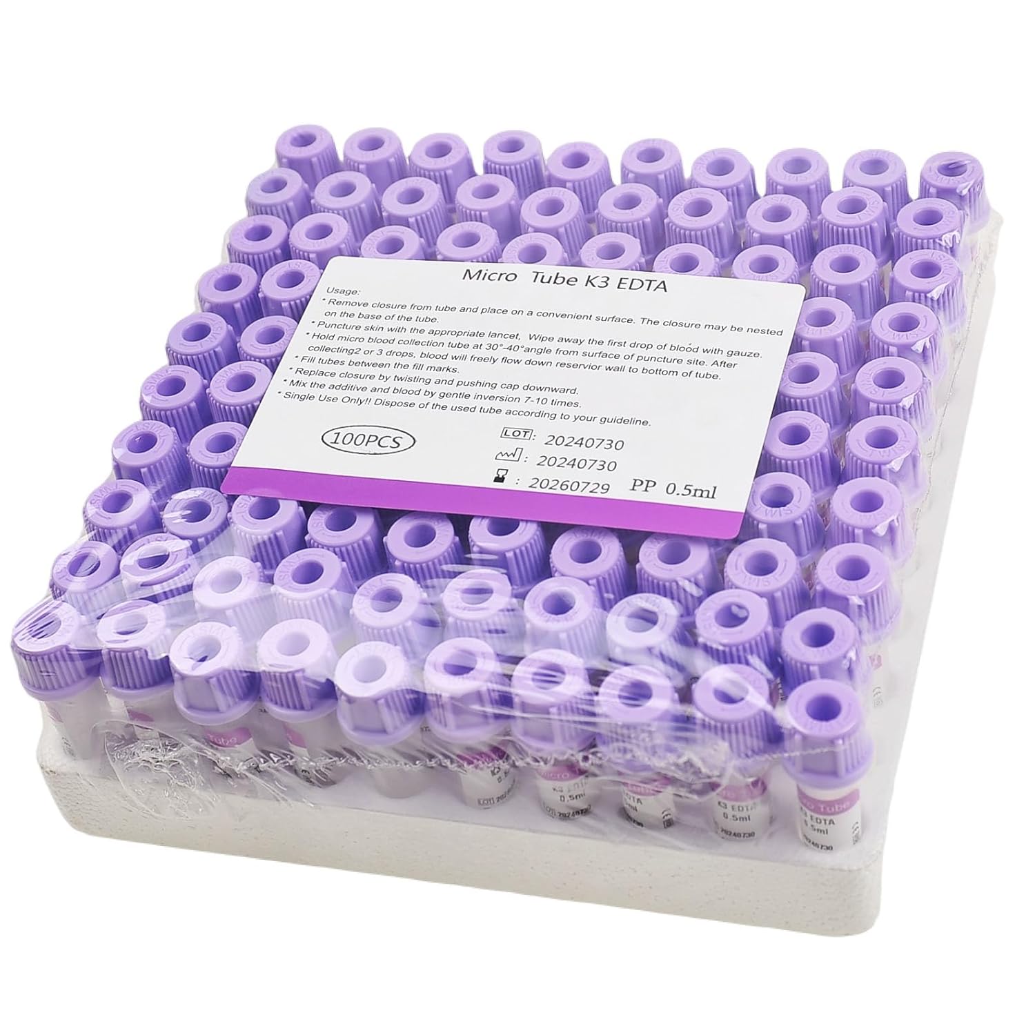100pcs Veterinary Lab Vacuum Blood Collection Coagulation Tubes Micro Tube K3 EDTA Blood Collection Tube Pet Supplies, 0.5ml Purple